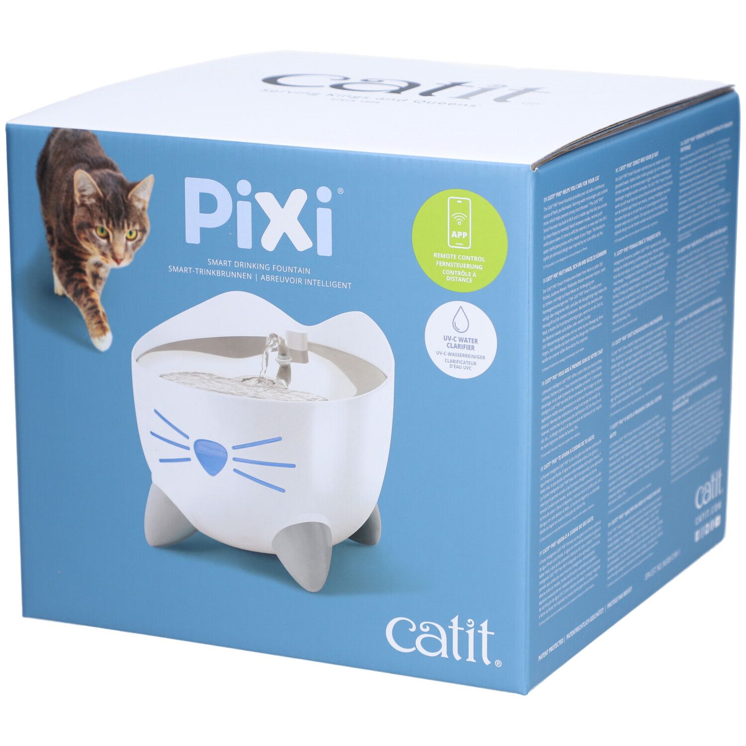 Boîte du distributeur d'eau. Fontaine blanche en forme de chat, pattes grises, moustaches bleues. "Catit" et "Pixi" sont visibles.