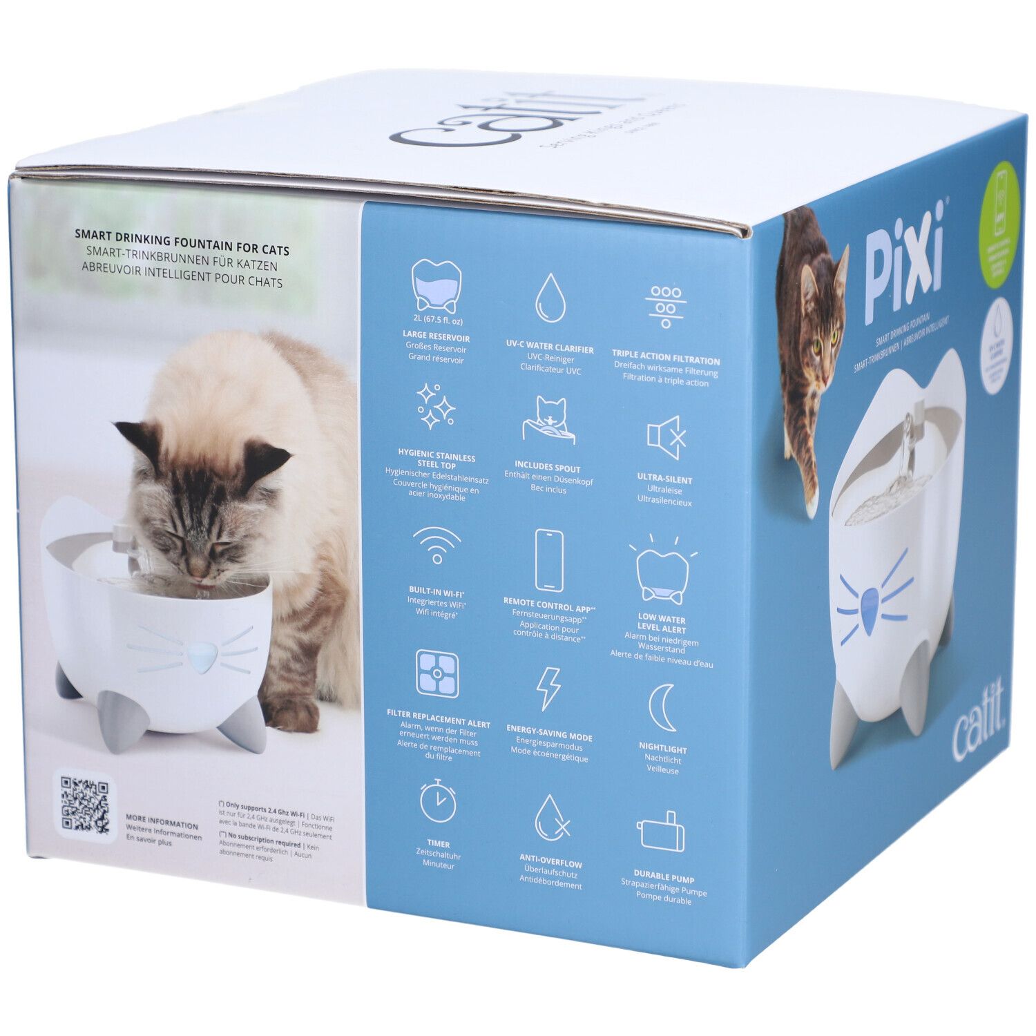 Boîte du distributeur d'eau. Fontaine en forme de chat, chat qui boit. Icônes illustrent les fonctions. "Catit" et "Pixi" sont visibles.