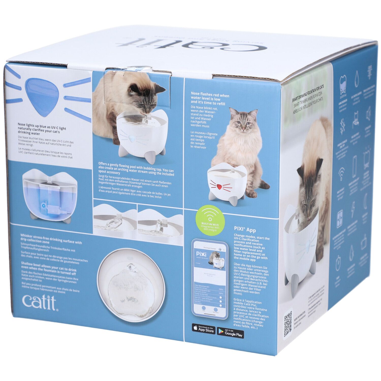 Boîte du distributeur d'eau. Illustrations montrent les fonctions et détails. Fontaine, chat qui boit. "Catit" et "Pixi" sont visibles.