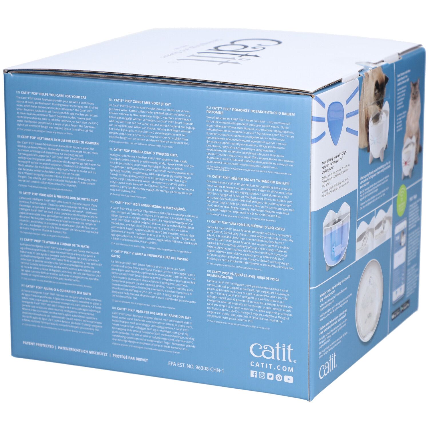 Boîte du distributeur d'eau. Texte en plusieurs langues. "Catit" est visible.