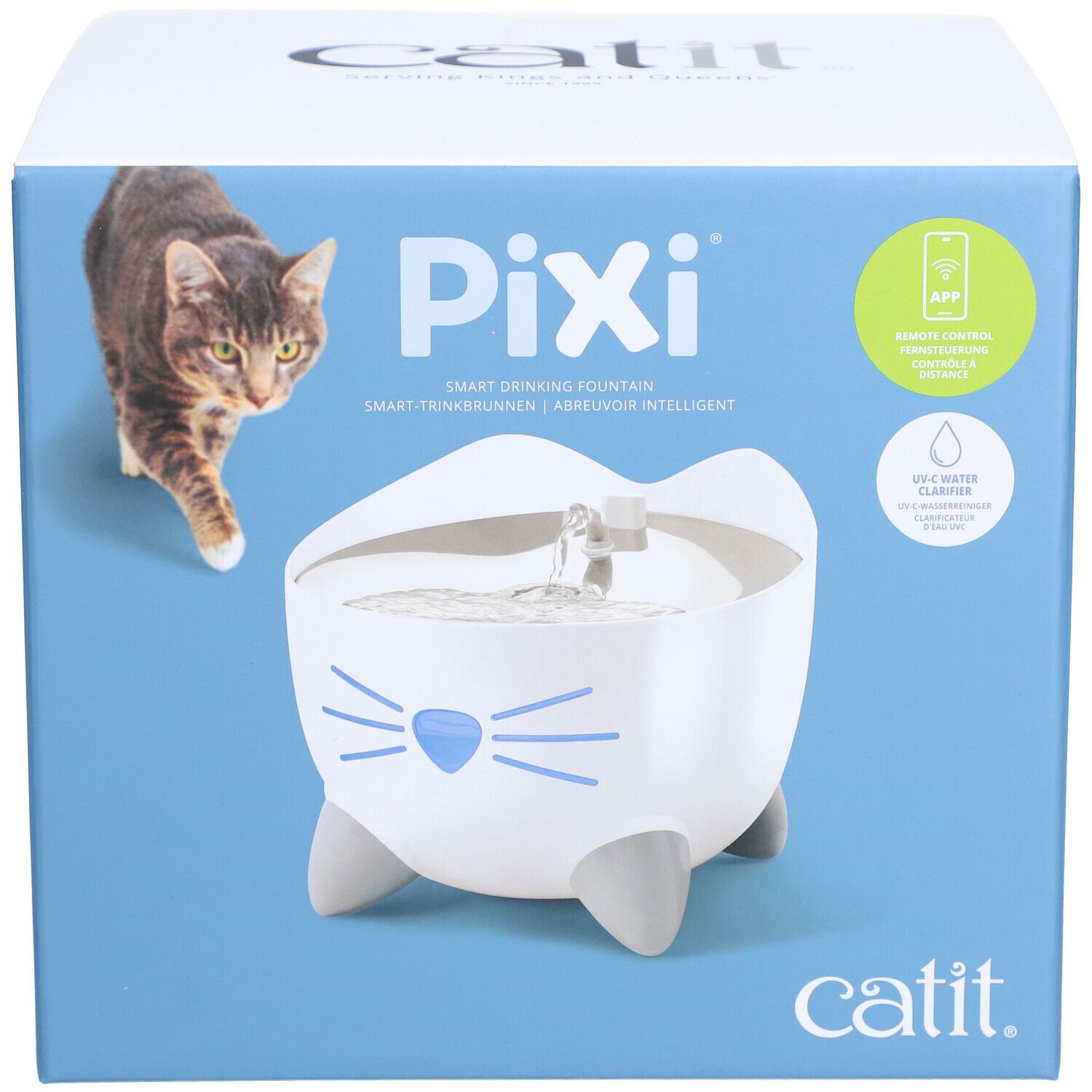 Boîte du distributeur d'eau. Fontaine blanche en forme de chat, pattes grises, moustaches bleues. "Catit" et "Pixi" sont visibles.