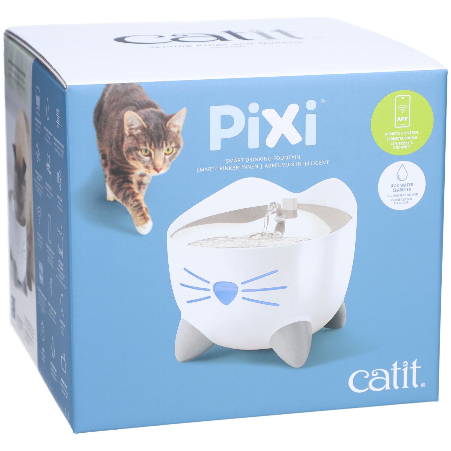 Boîte du distributeur d'eau. Fontaine blanche en forme de chat, pattes grises, moustaches bleues. "Catit" et "Pixi" sont visibles.