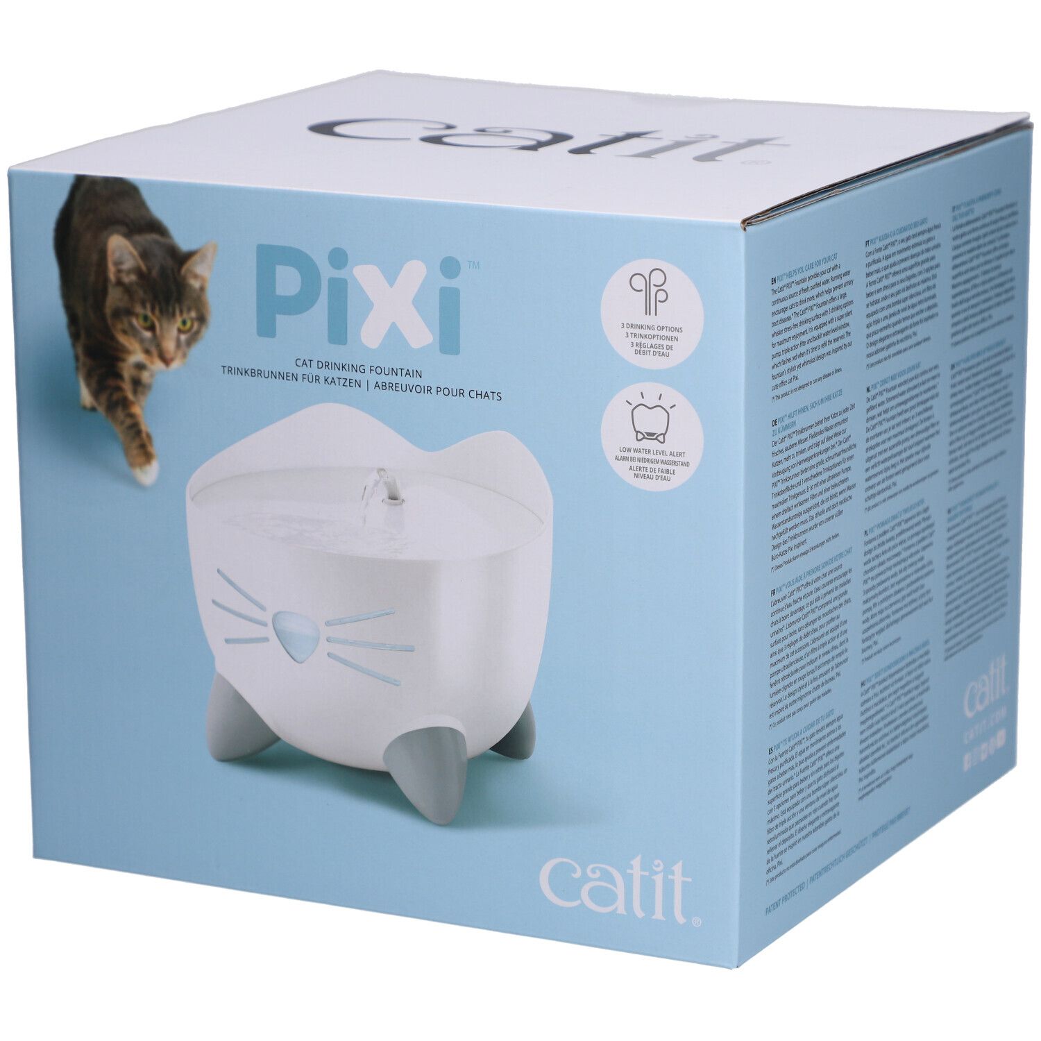 Verpackung der Trinkbrunnen. Auf der Box ist ein weißer Brunnen mit grauen Füßen abgebildet. Der Name Pixi ist sichtbar.