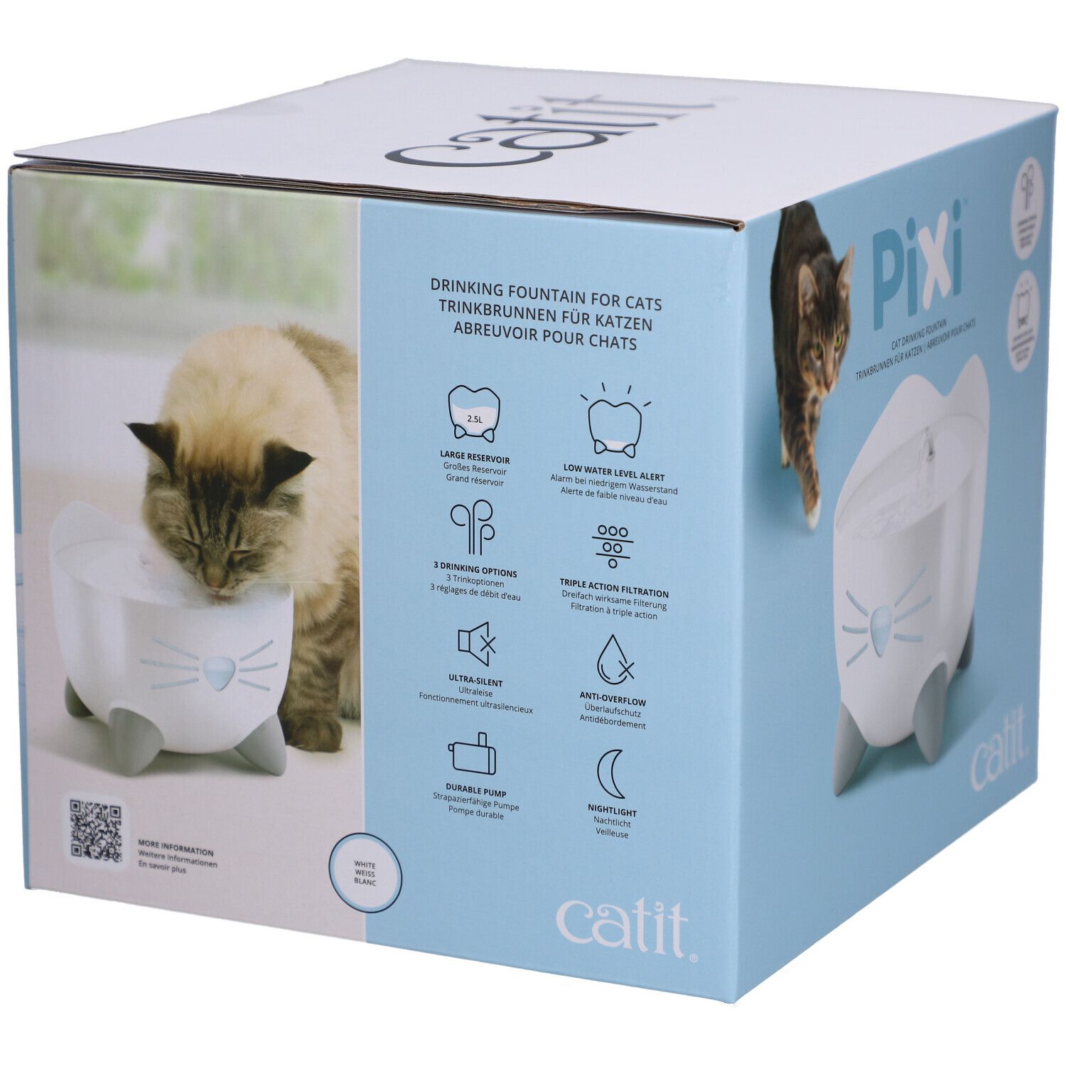 Verpackung der Trinkbrunnen. Auf der Box ist ein weißer Brunnen mit grauen Füßen abgebildet. Der Name Pixi ist sichtbar.