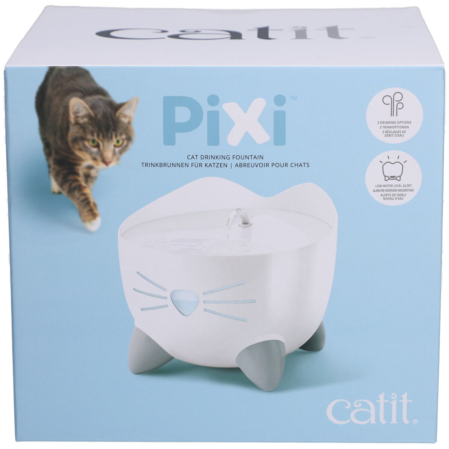 Verpackung der Trinkbrunnen. Auf der Box ist ein weißer Brunnen mit grauen Füßen abgebildet. Der Name Pixi ist sichtbar.