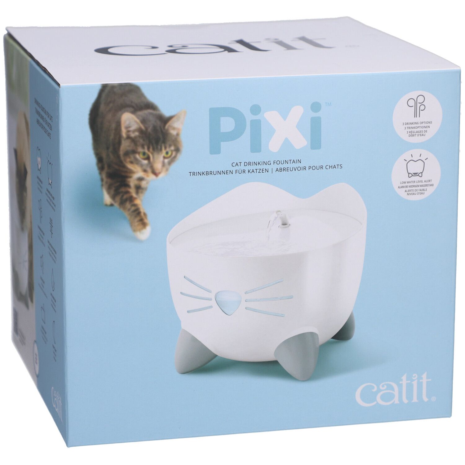 Verpackung der Trinkbrunnen. Auf der Box ist ein weißer Brunnen mit grauen Füßen abgebildet. Der Name Pixi ist sichtbar.