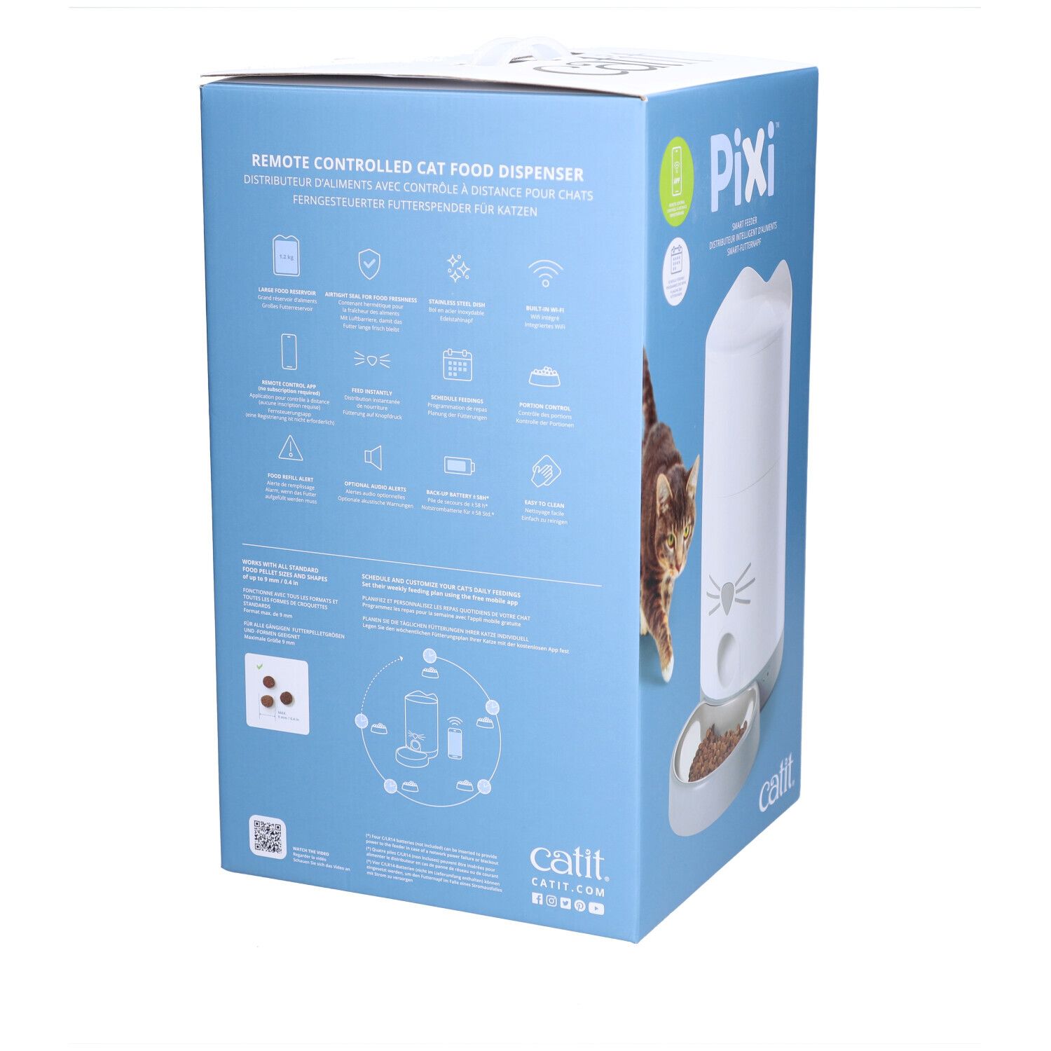 Rückseite der Verpackung des Catit PIXI Smart-Futterautomaten. Produktabbildung, Icons, Text. Marke Catit.