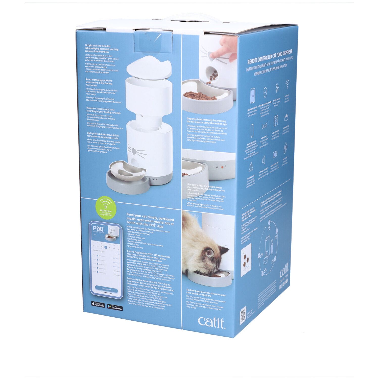 Verpackung des Catit PIXI Smart-Futterautomaten. Produktabbildungen, App-Screenshot, Text. Marke Catit.