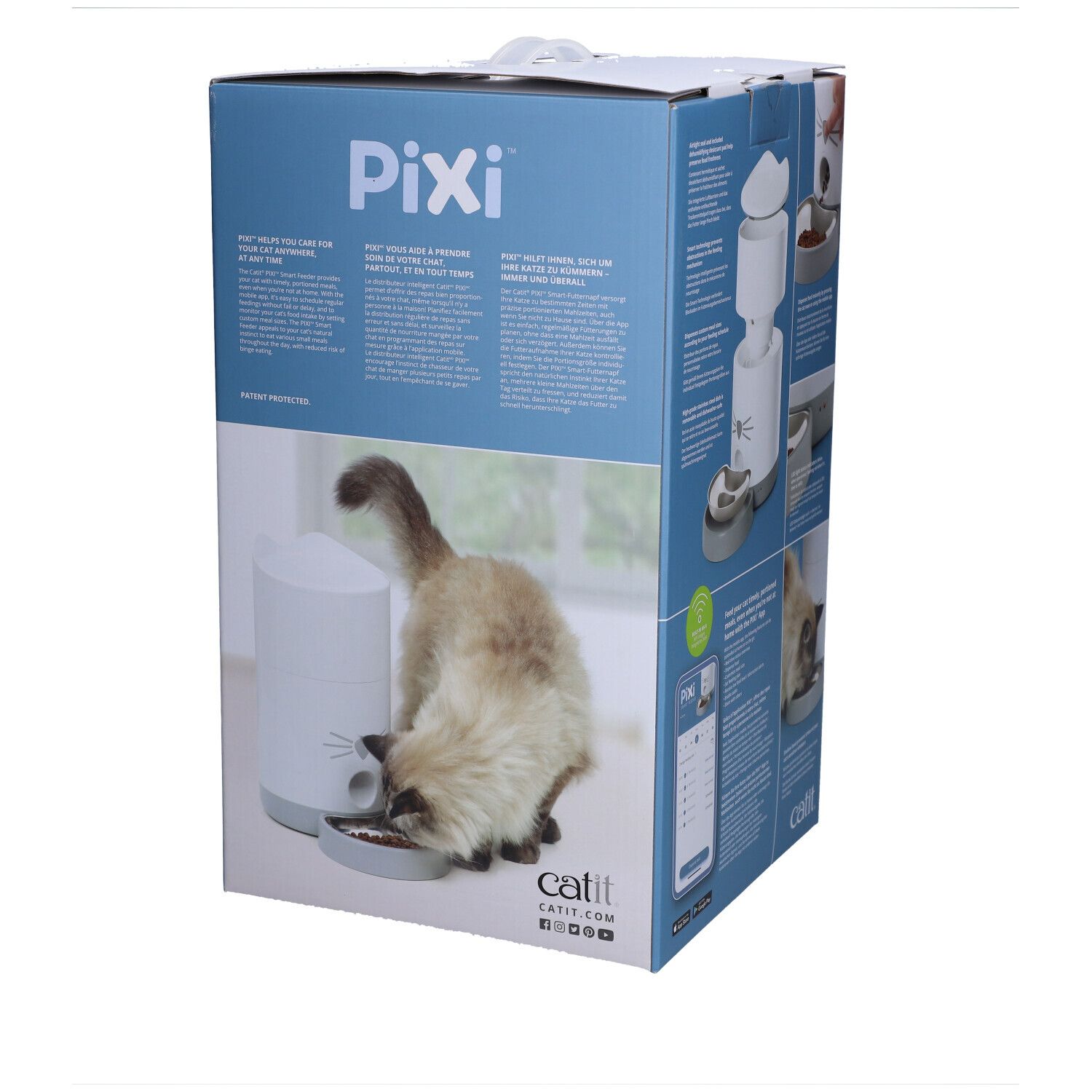 Verpackung des Catit PIXI Smart-Futterautomaten. Produktabbildungen, Katze beim Fressen, Text. Marke Catit.