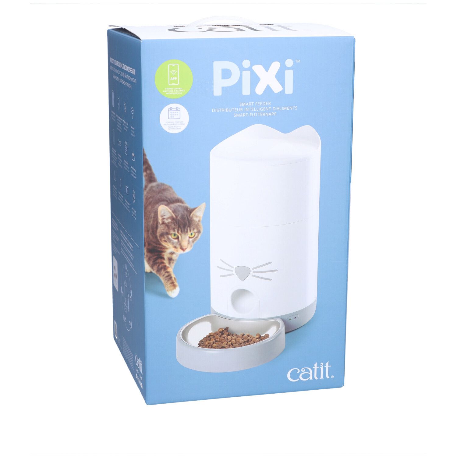 Verpackung des Catit PIXI Smart-Futterautomaten. Weißer Futterautomat mit Katzengesicht-Design, Futter in Schale. Marke Catit.