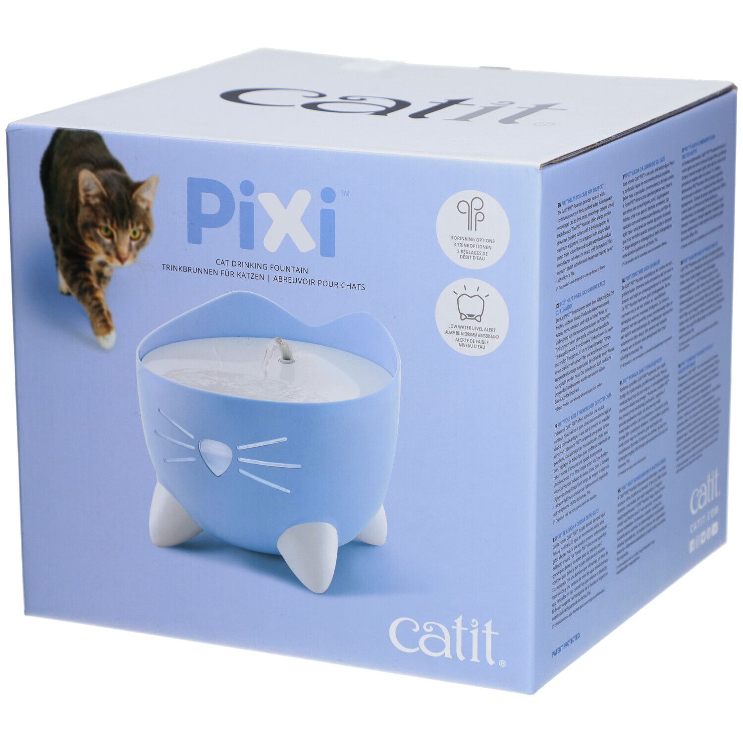 Hellblaue Catit PIXI Trinkbrunnen-Verpackung. Katze und Produkt abgebildet. Schriftzug: PIXI, Catit.