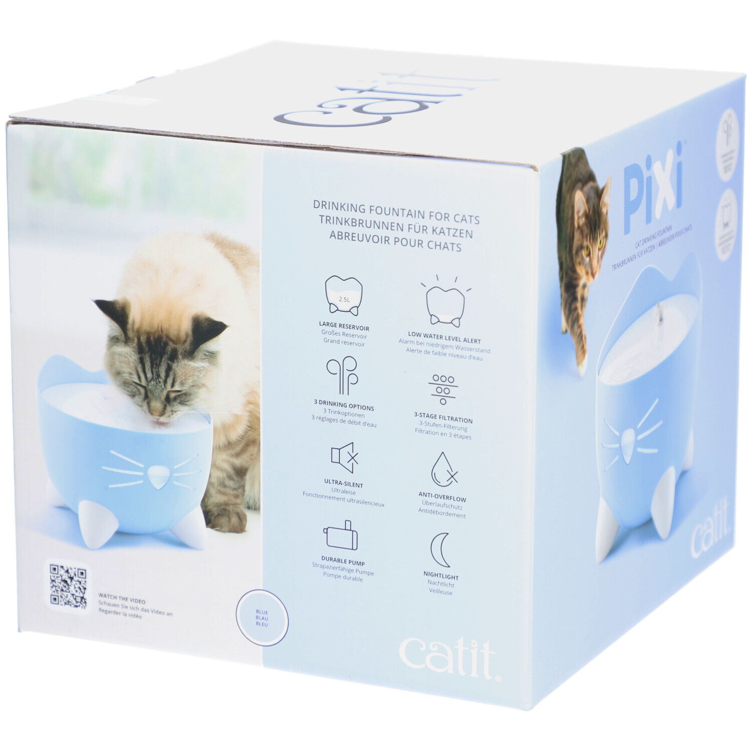 Catit PIXI Trinkbrunnen-Verpackung, blau. Katze trinkt. Produktmerkmale abgebildet. Schriftzug: PIXI, Catit.