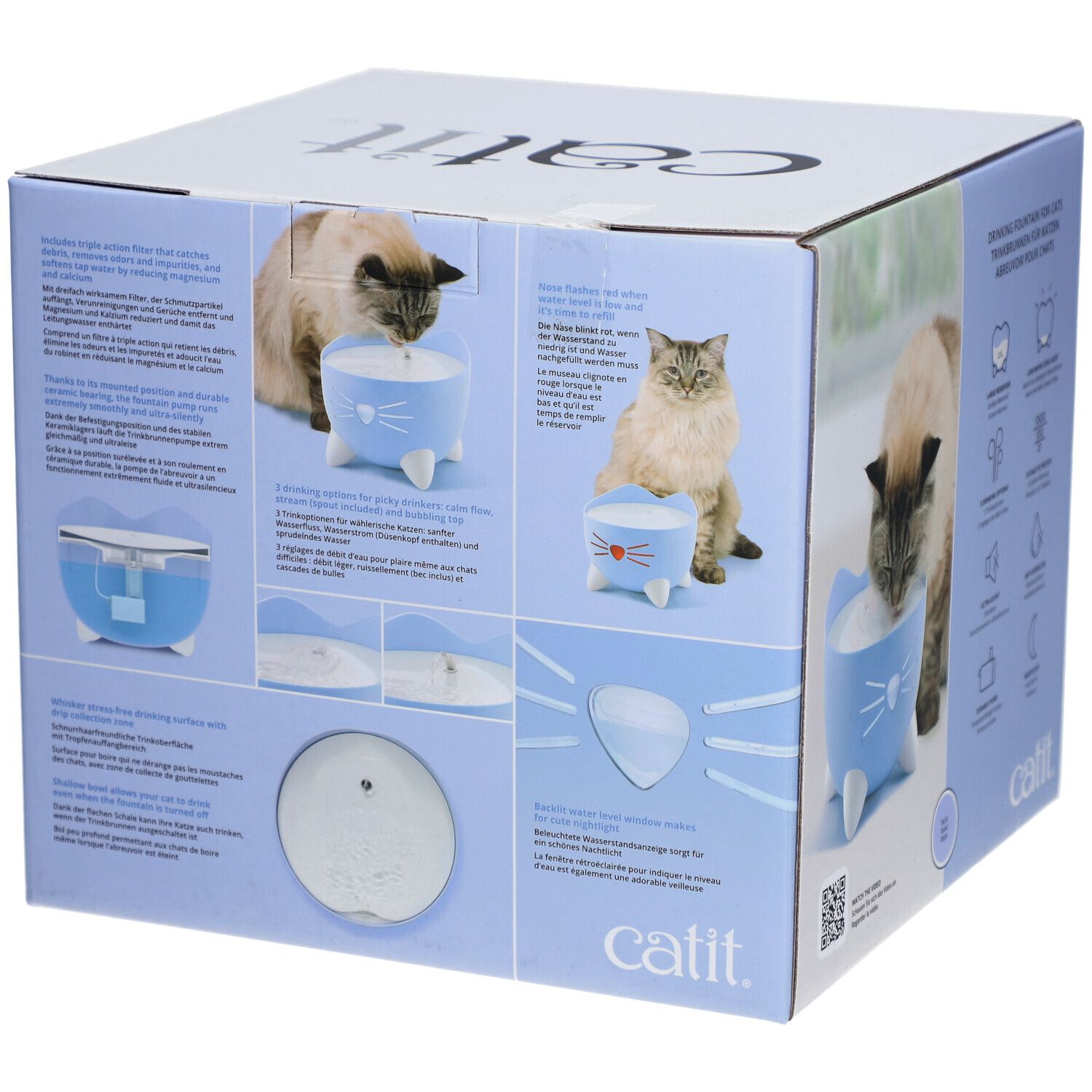 Catit PIXI Trinkbrunnen-Verpackung, blau. Produktmerkmale und Katzen abgebildet. Schriftzug: Catit.