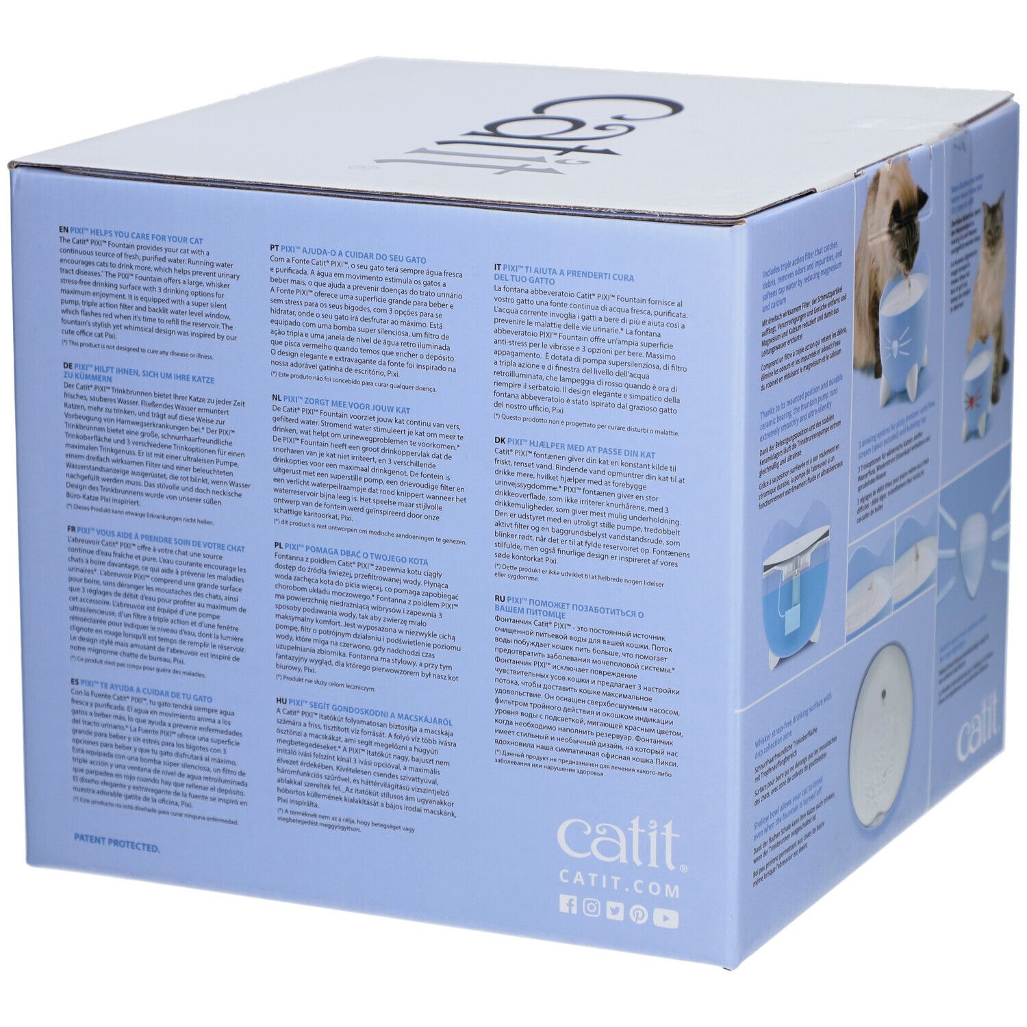 Catit PIXI Trinkbrunnen-Verpackung, blau. Text und Produktabbildungen. Schriftzug: Catit.