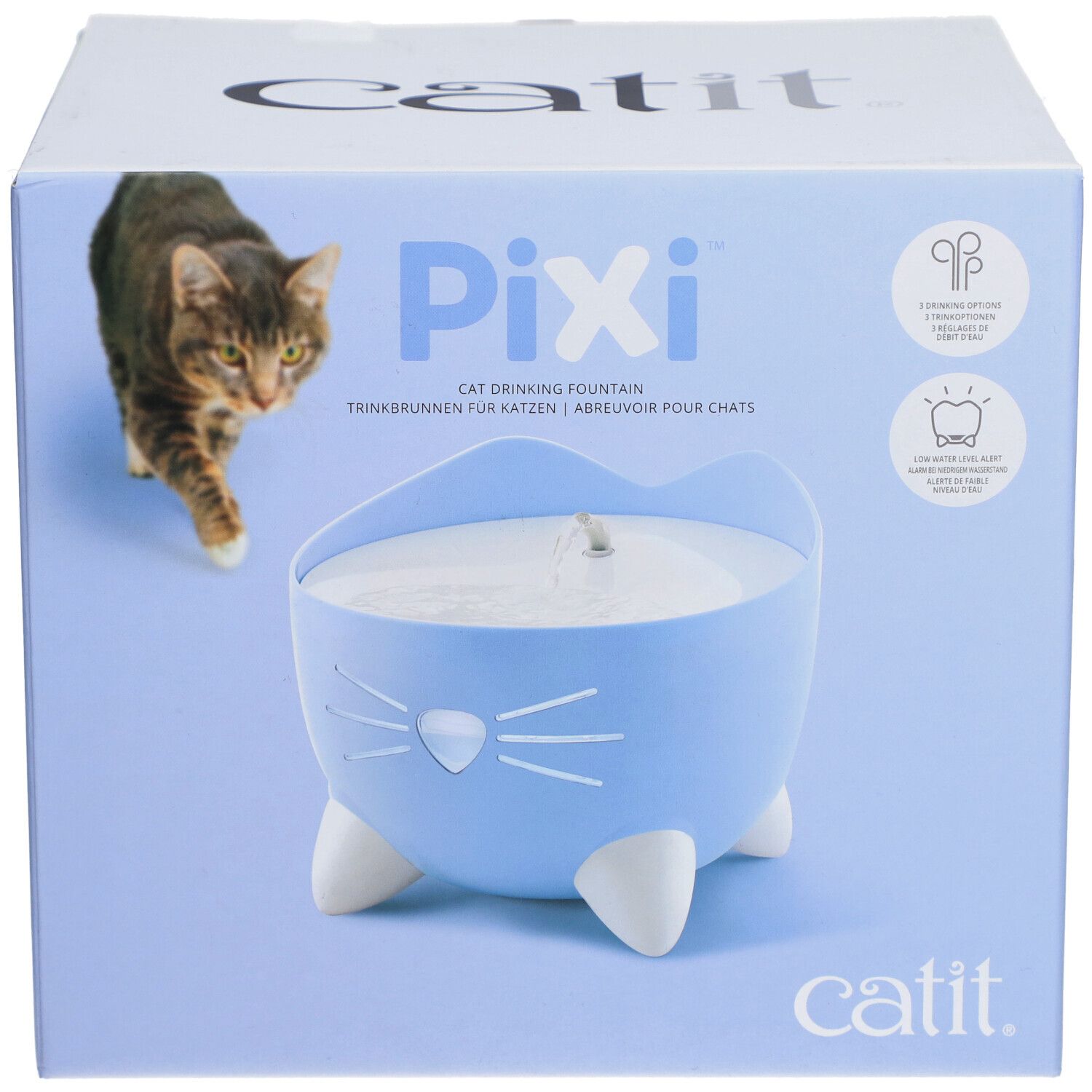 Hellblaue Catit PIXI Trinkbrunnen-Verpackung. Katze und Produkt abgebildet. Schriftzug: PIXI, Catit.
