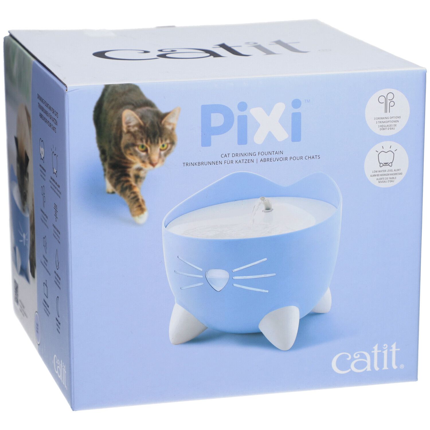 Hellblaue Catit PIXI Trinkbrunnen-Verpackung. Katze und Produkt abgebildet. Schriftzug: PIXI, Catit.