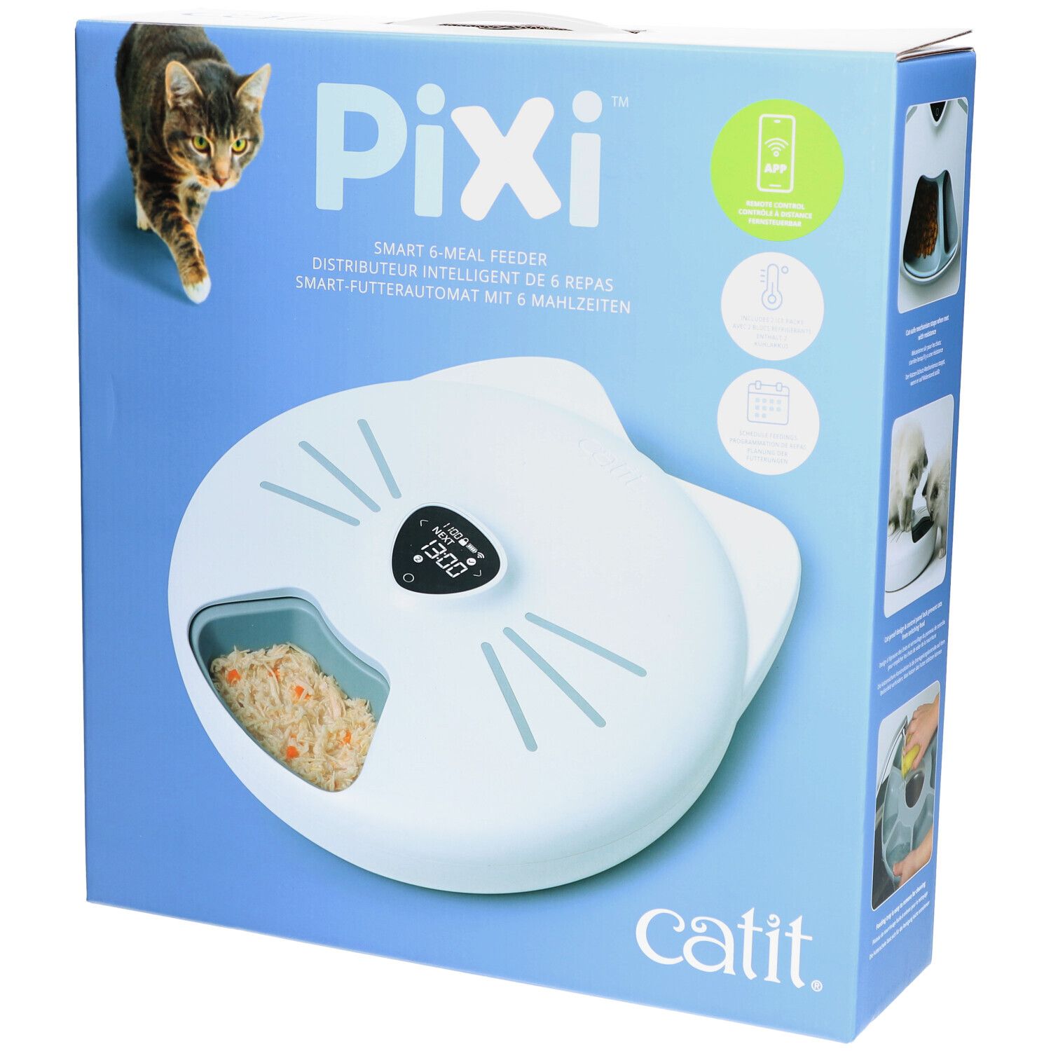 Verpackung des Catit PIXI Smart-Futterautomaten. Weißes Gerät mit Katzenohren-Design, Futterfach, Display. Text: PIXI, Catit.