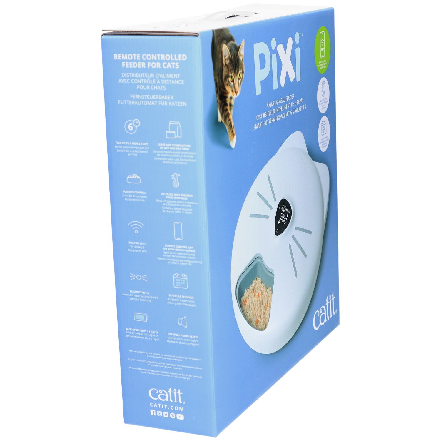 Verpackung des Catit PIXI Smart-Futterautomaten. Seitenansicht. Weißes Gerät mit Katzenohren-Design. Text: PIXI, Catit.