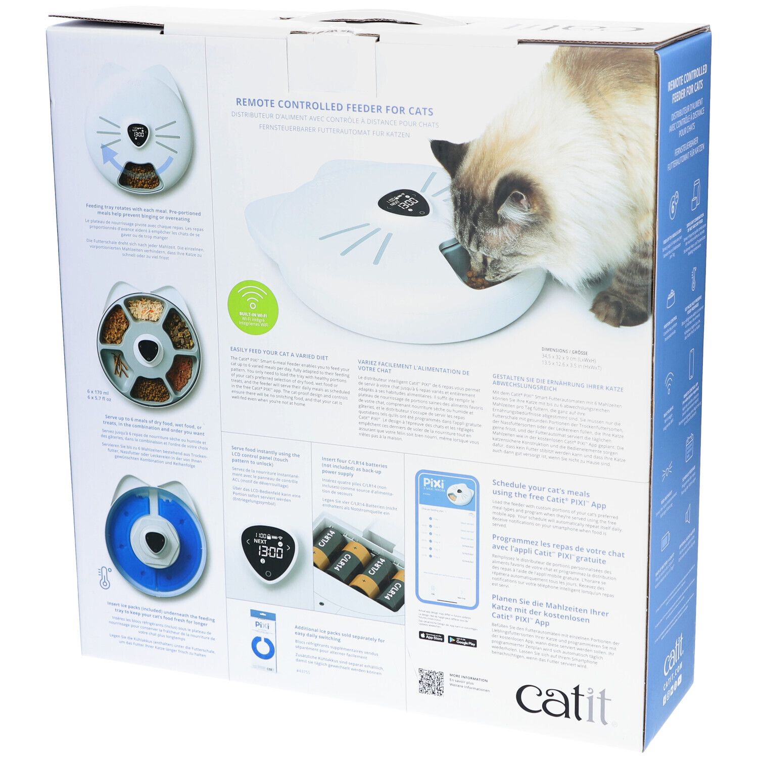 Rückseite der Verpackung des Catit PIXI Smart-Futterautomaten. Produktabbildungen, Text, App-Informationen. Text: PIXI, Catit.