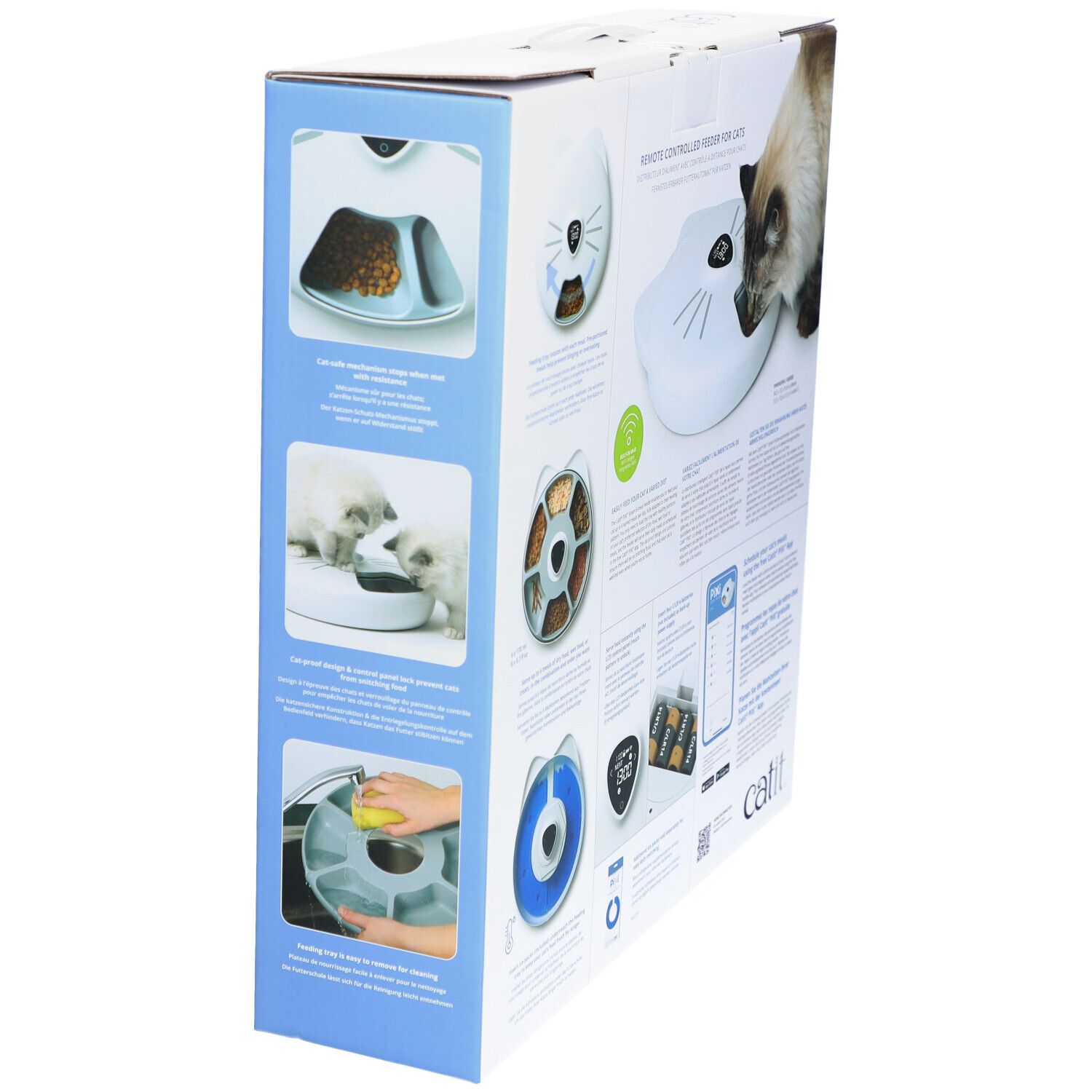 Verpackung des Catit PIXI Smart-Futterautomaten. Seitenansicht mit Produktabbildungen und Text. Text: PIXI, Catit.