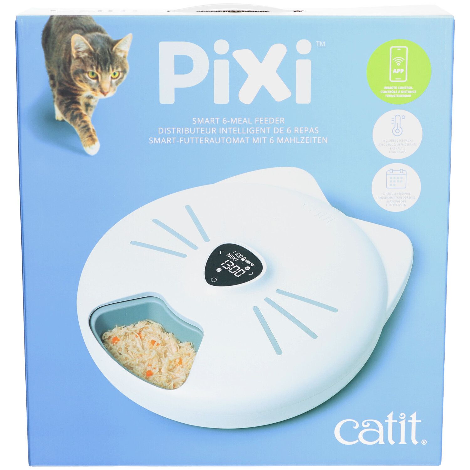 Verpackung des Catit PIXI Smart-Futterautomaten. Weißes Gerät mit Katzenohren-Design, Futterfach, Display. Text: PIXI, Catit.