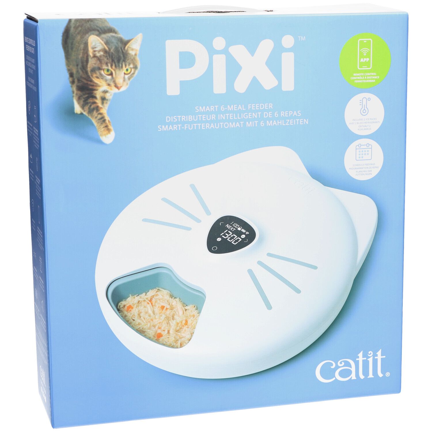 Verpackung des Catit PIXI Smart-Futterautomaten. Weißes Gerät mit Katzenohren-Design, Futterfach, Display. Text: PIXI, Catit.