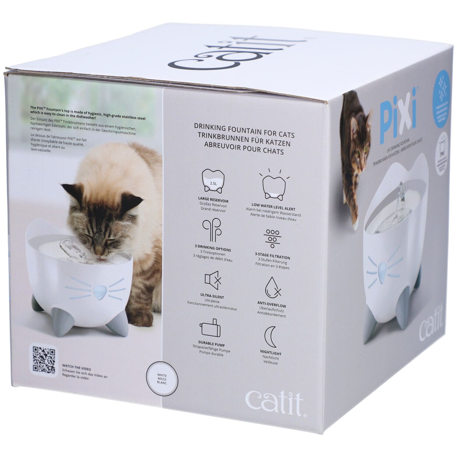Verpackung der Trinkbrunnen für Katzen. Produktabbildung und Illustrationen. Marke Catit, Produktname Pixi. Merkmale: leise, Filter, etc.