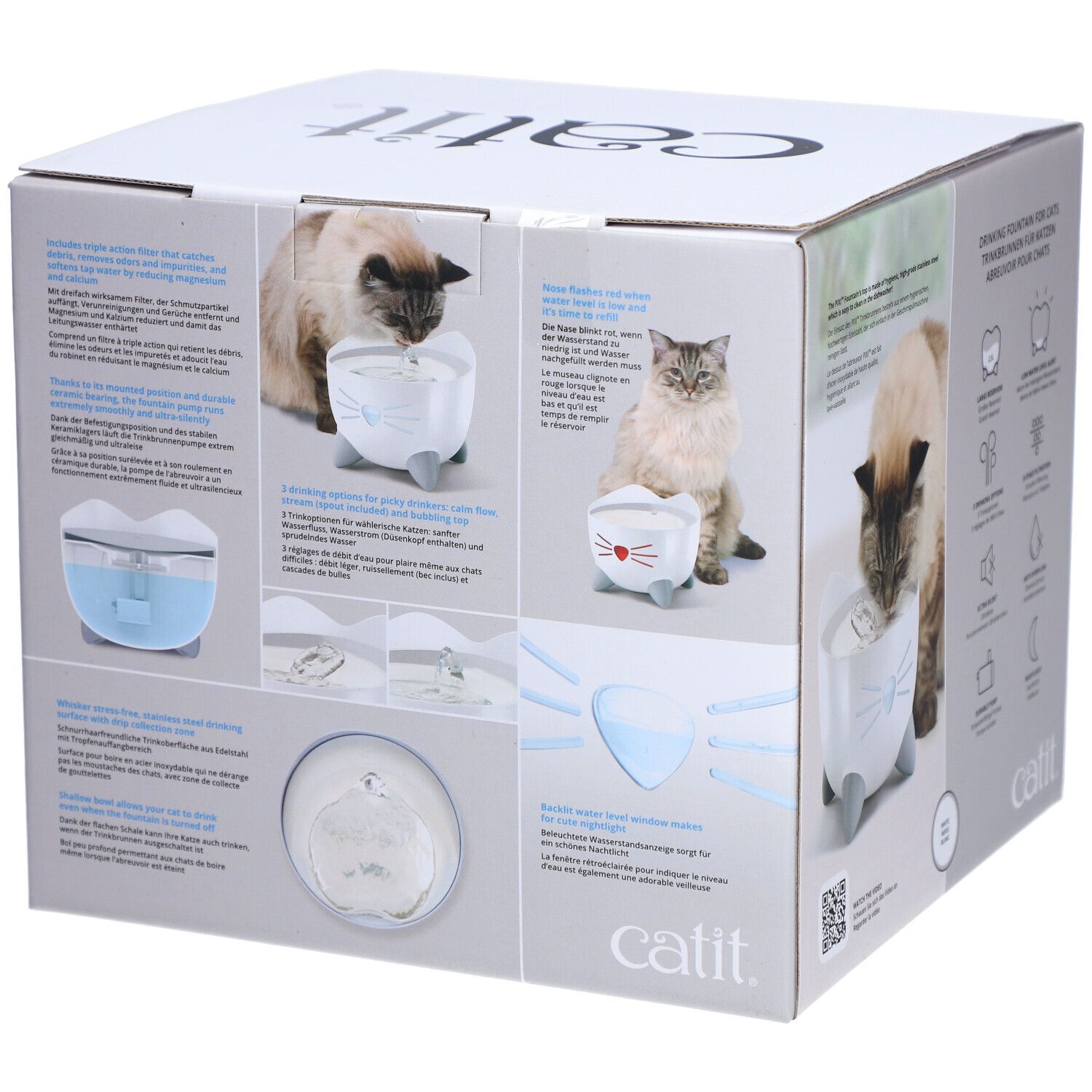 Verpackung der Trinkbrunnen für Katzen. Illustrationen und Produktabbildungen. Marke Catit, Produktname Pixi. Merkmale: Filter, etc.