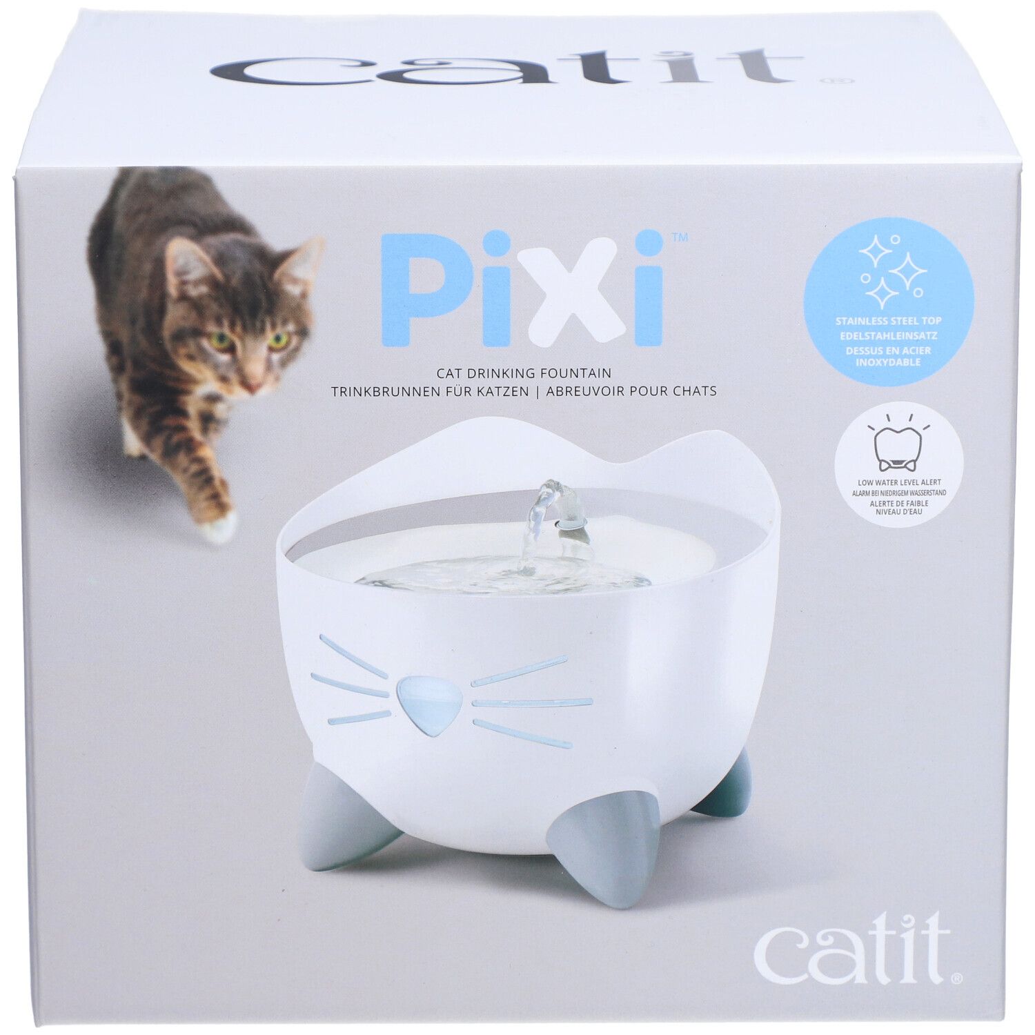 Verpackung der Trinkbrunnen für Katzen. Weißer Brunnen mit grauen Füßen und Schnurrhaaren-Design. Marke Catit, Produktname Pixi.