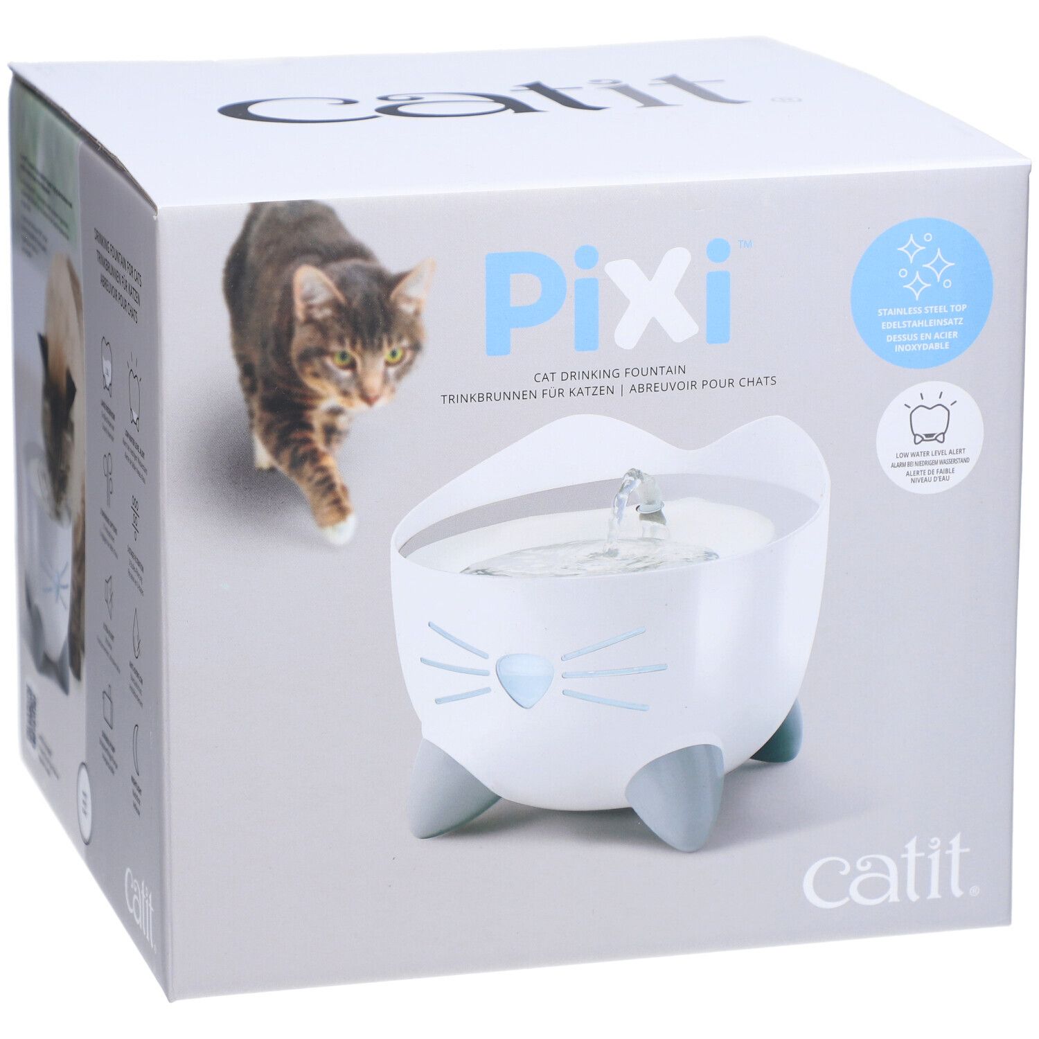 Verpackung der Trinkbrunnen für Katzen. Weißer Brunnen mit grauen Füßen und Schnurrhaaren-Design. Marke Catit, Produktname Pixi.