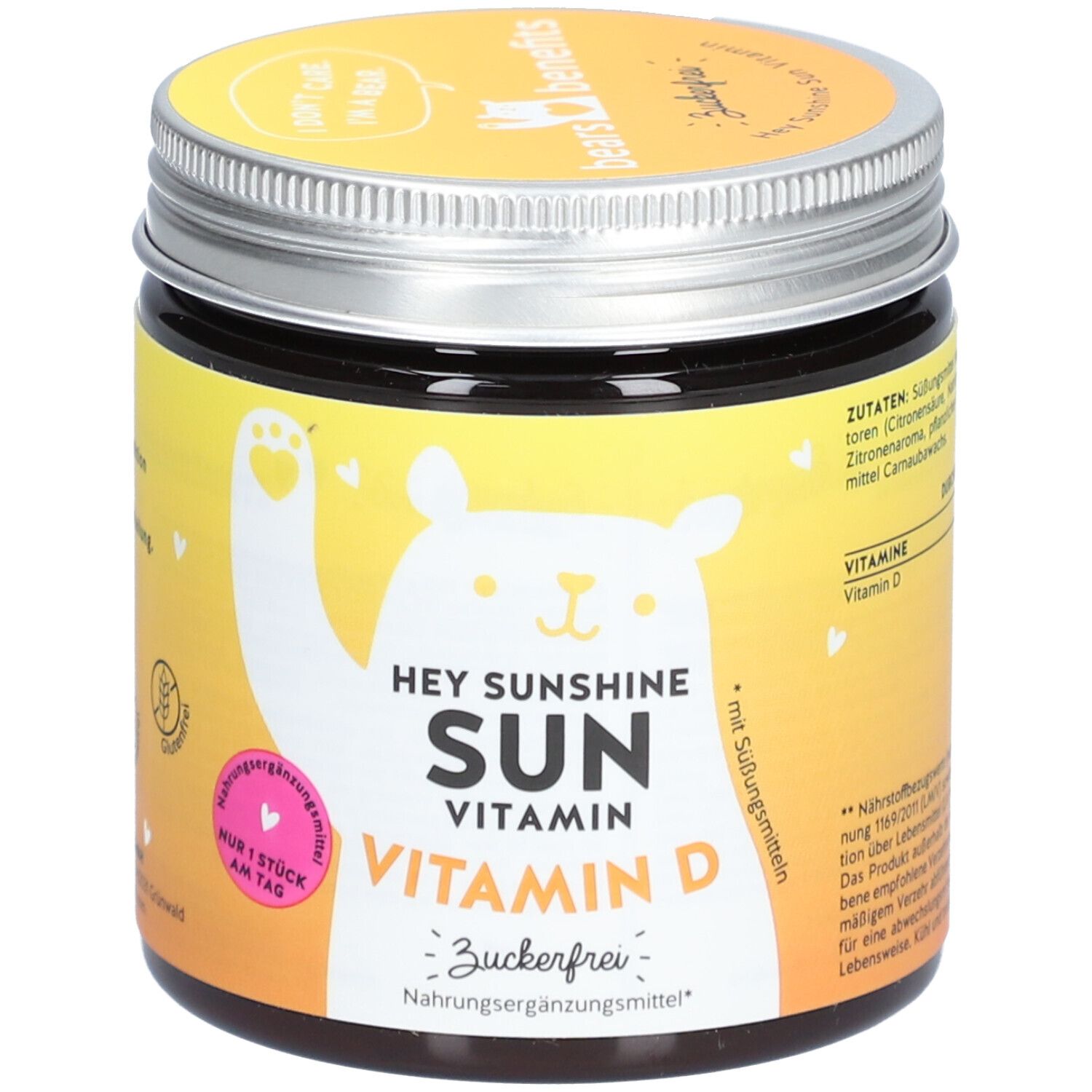 Dose mit Vitamin D3. Aufschrift: Hey Sunshine Sun, Vitamin D. Zuckerfrei. Bär-Illustration.