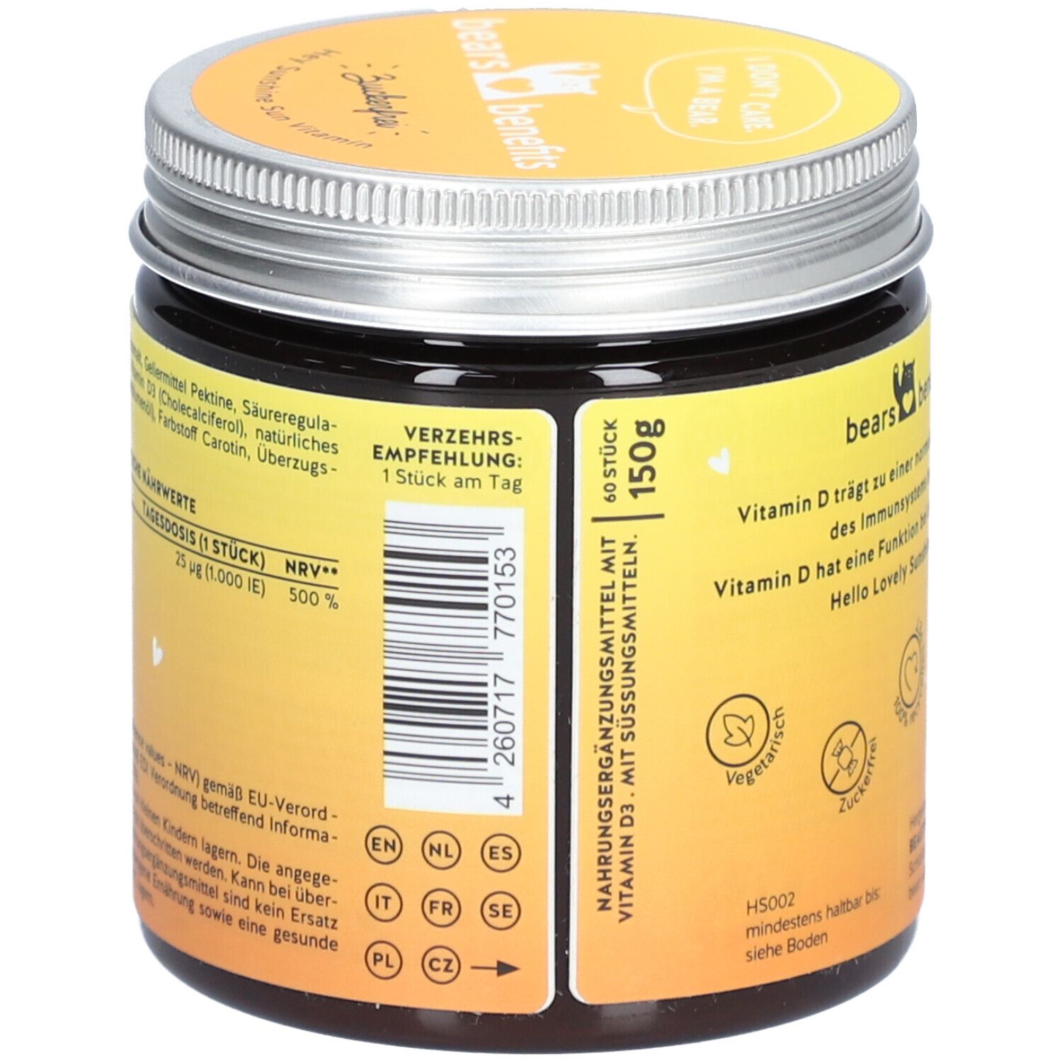 Dose mit Vitamin D3. Aufschrift: 150g. Nährwertangaben. Logo: bears with benefits. Vegan.