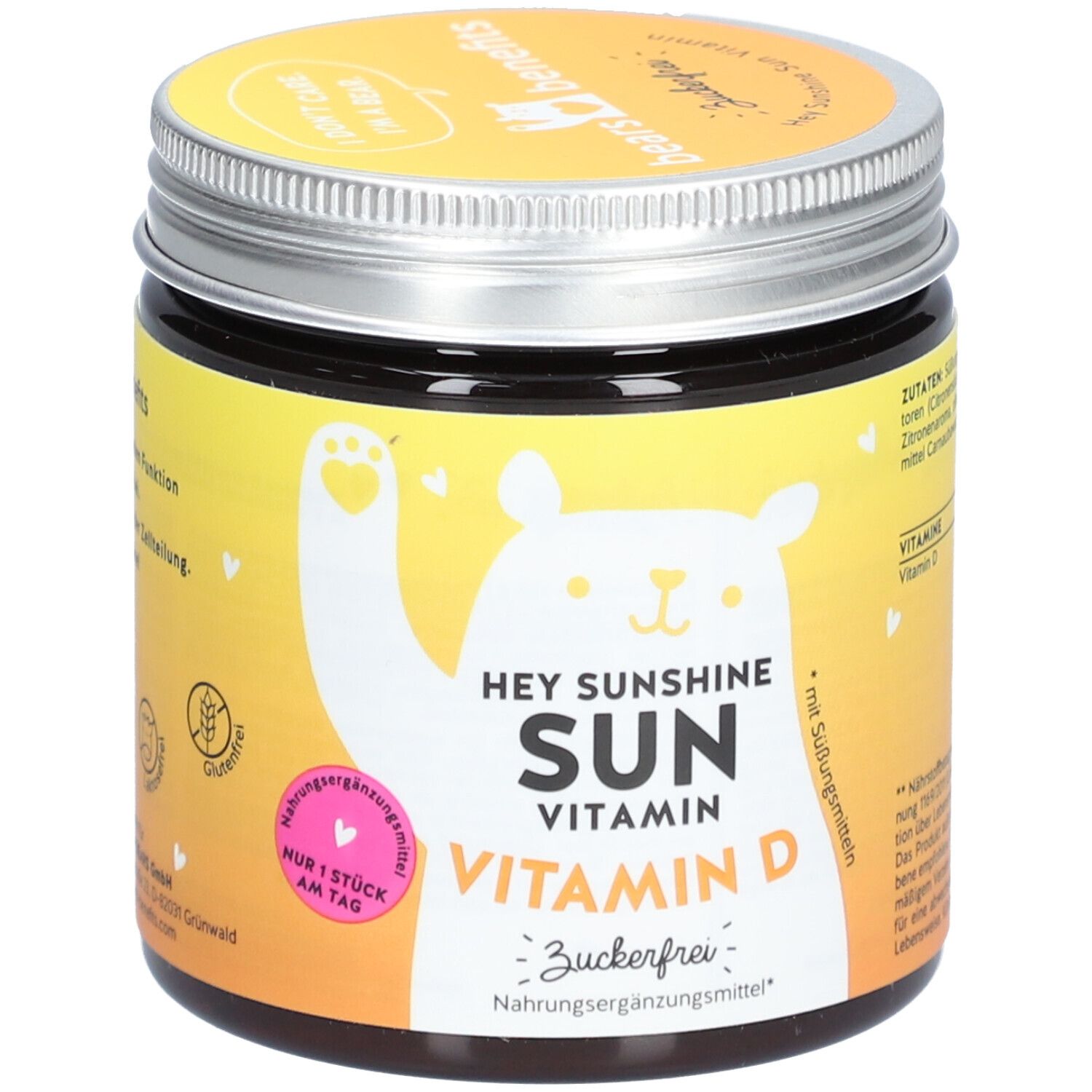 Dose mit Vitamin D3. Aufschrift: Hey Sunshine Sun, Vitamin D. Zuckerfrei. Bär-Illustration.