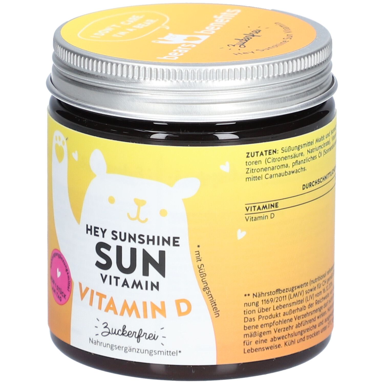 Dose mit Vitamin D3. Aufschrift: Hey Sunshine Sun, Vitamin D. Zuckerfrei. Zutatenliste.