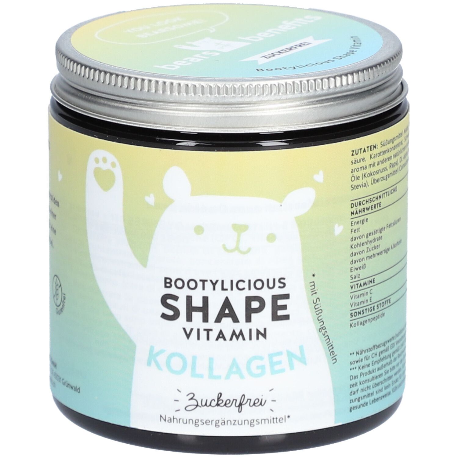 Runde Dose mit Schraubverschluss. Aufdruck: Bootylicious Shape Vitamin Kollagen, zuckerfrei. Bär-Illustration.