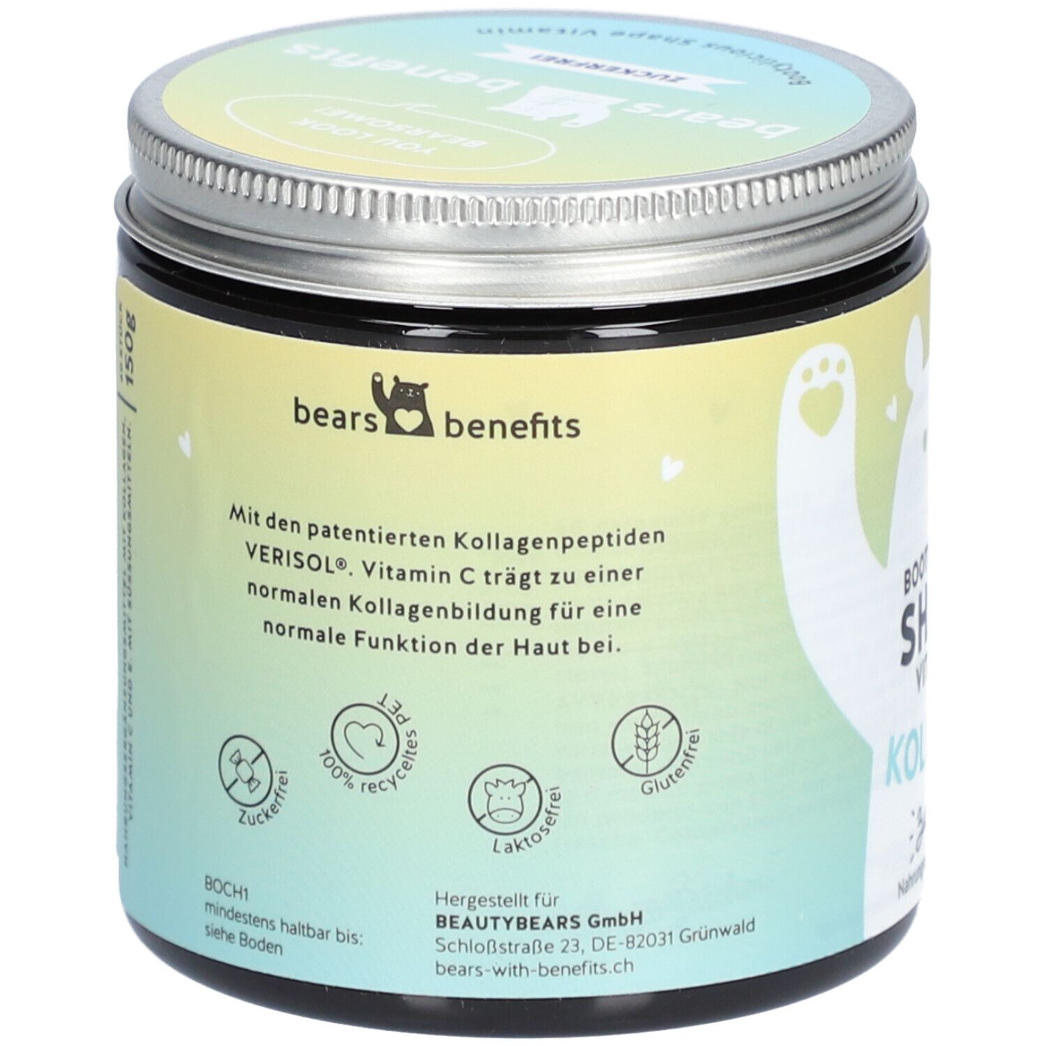 Rückseite der Dose. Text: Mit patentierten Kollagenpeptiden VERISOL. Logos: zuckerfrei, recycelt, laktosefrei, glutenfrei.