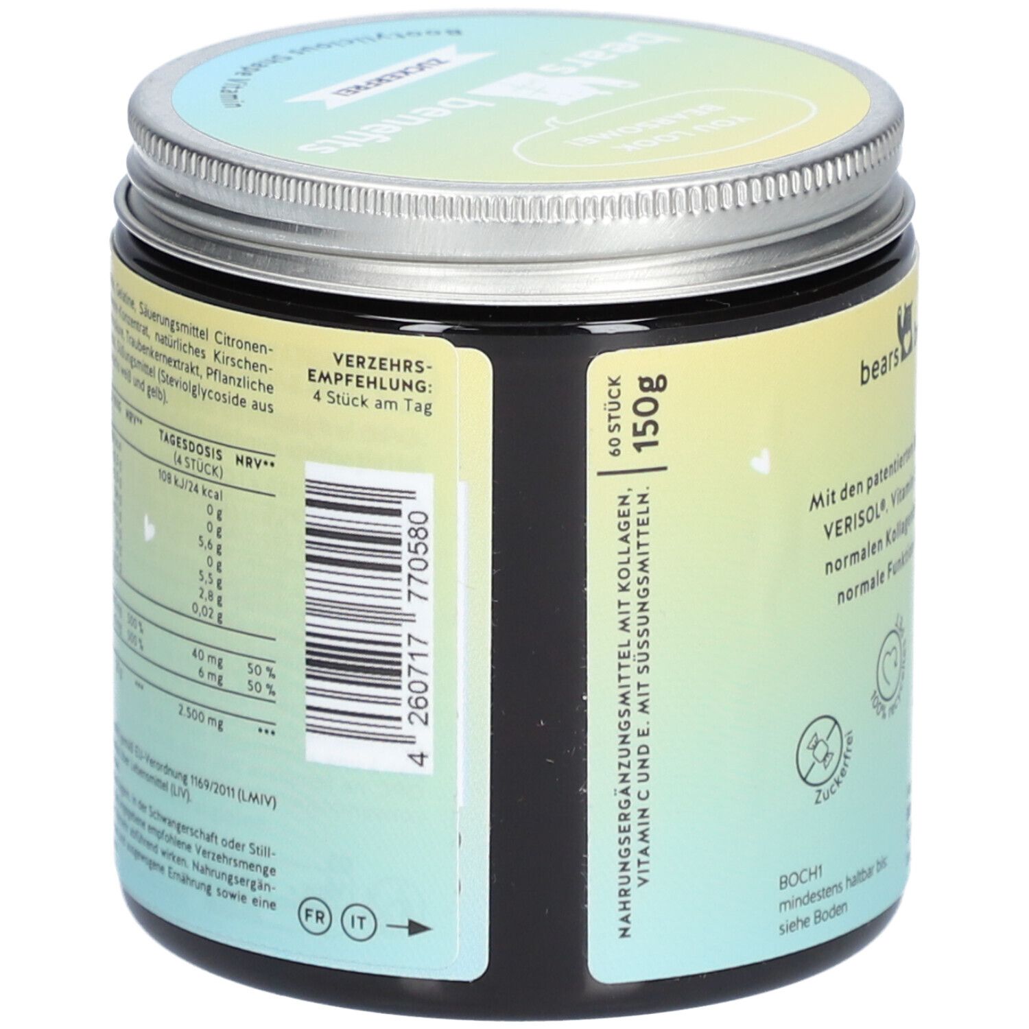 Dose mit Text: Nährwertangaben, Verzehrempfehlung: 4 Stück pro Tag. 60 Stück, 150g. Hersteller: BEAUTYBEARS GmbH.