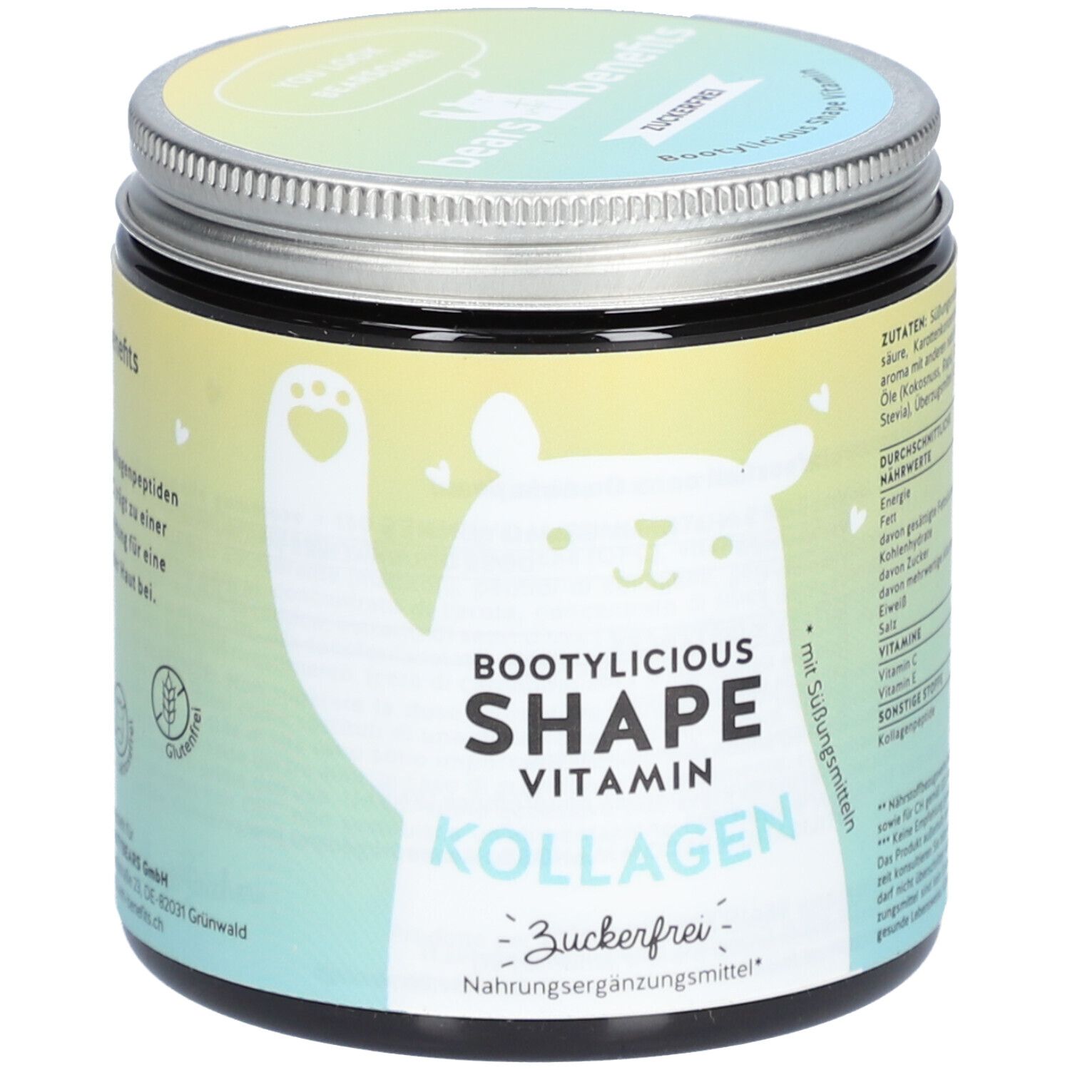 Runde Dose mit Schraubverschluss. Aufdruck: Bootylicious Shape Vitamin Kollagen, zuckerfrei. Bär-Illustration.