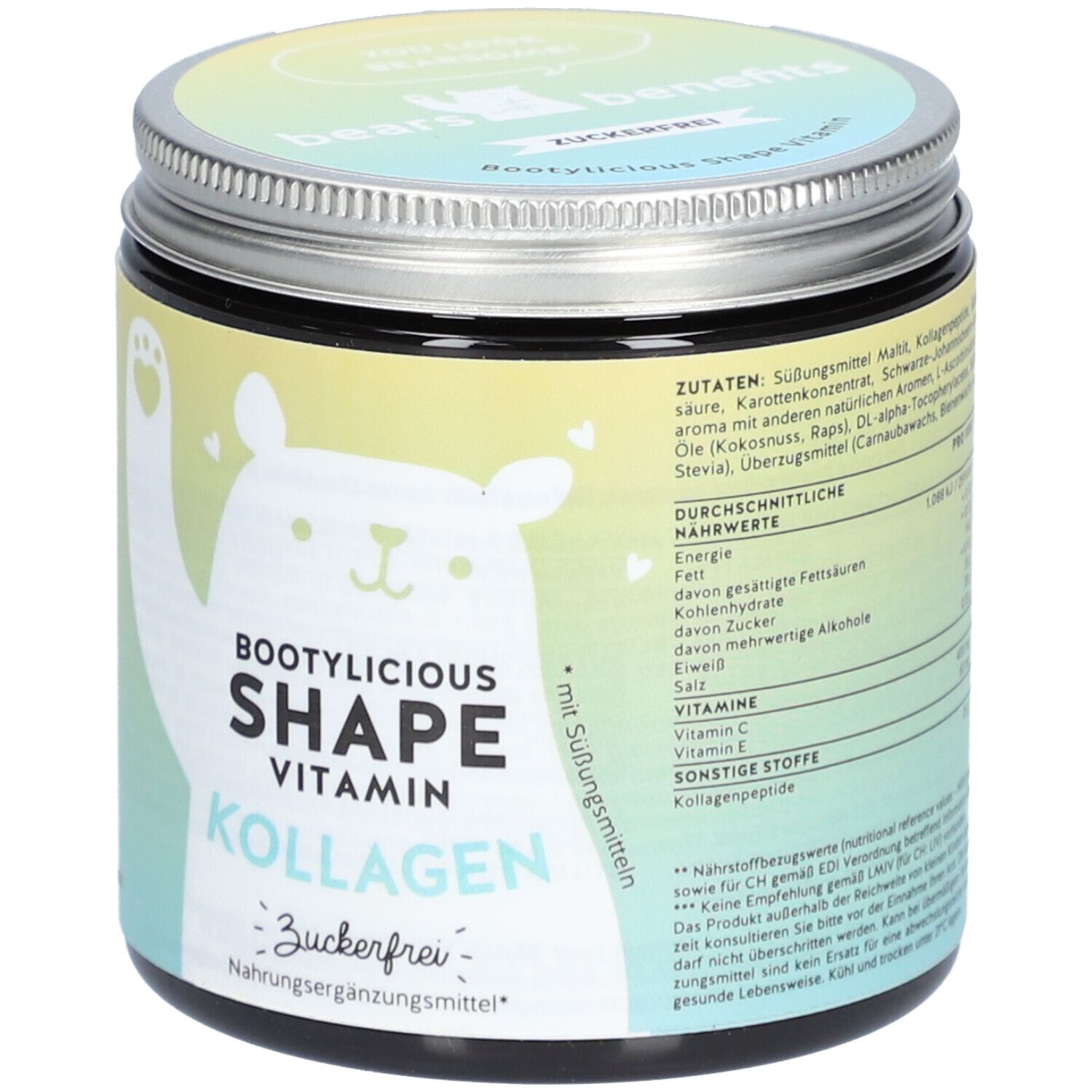Runde Dose mit Schraubverschluss. Aufdruck: Bootylicious Shape Vitamin Kollagen, zuckerfrei. Bär-Illustration.