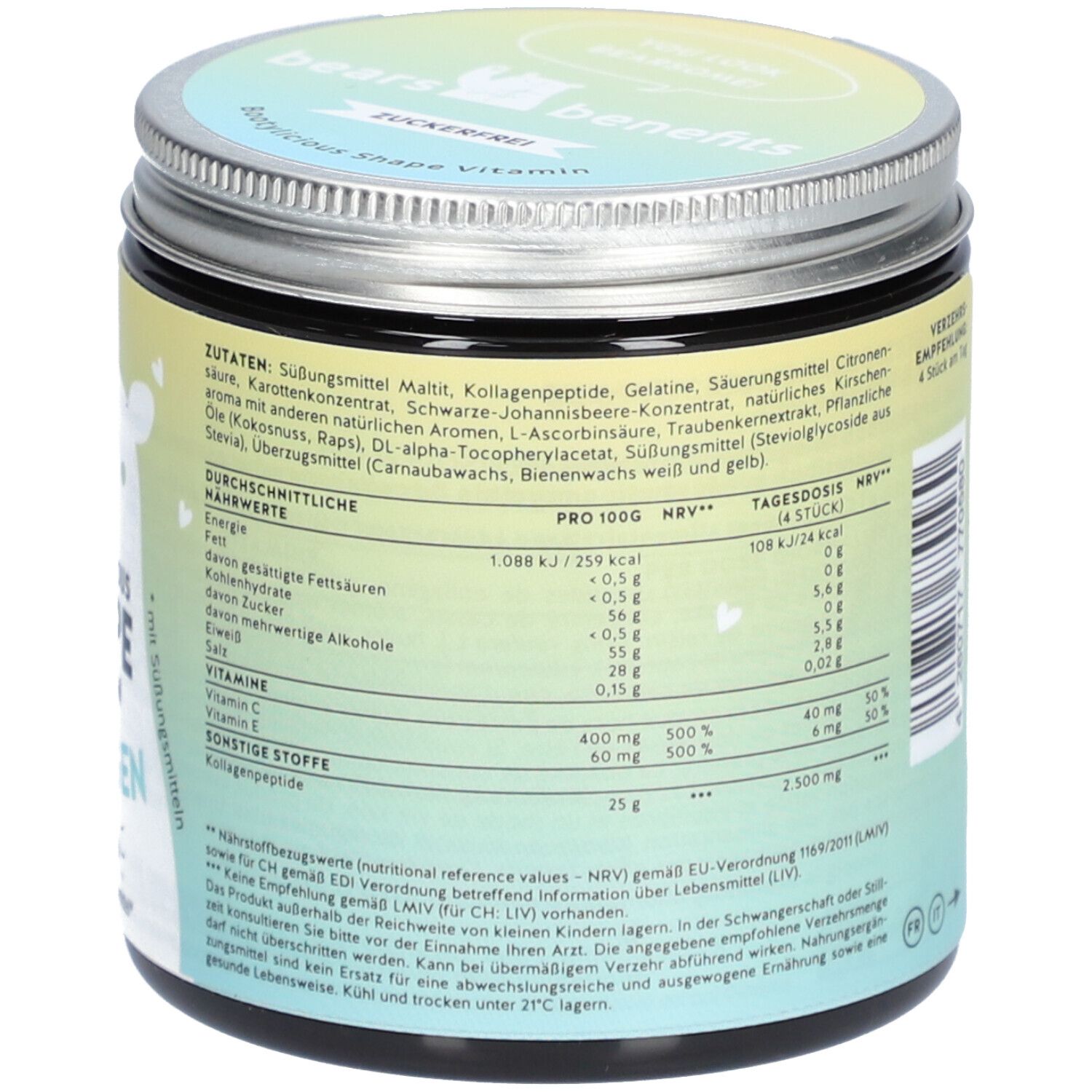 Rückseite der Dose. Text: Nährwertangaben pro 100g und Tagesdosis. Inhaltsstoffe. Hersteller: BEAUTYBEARS GmbH.