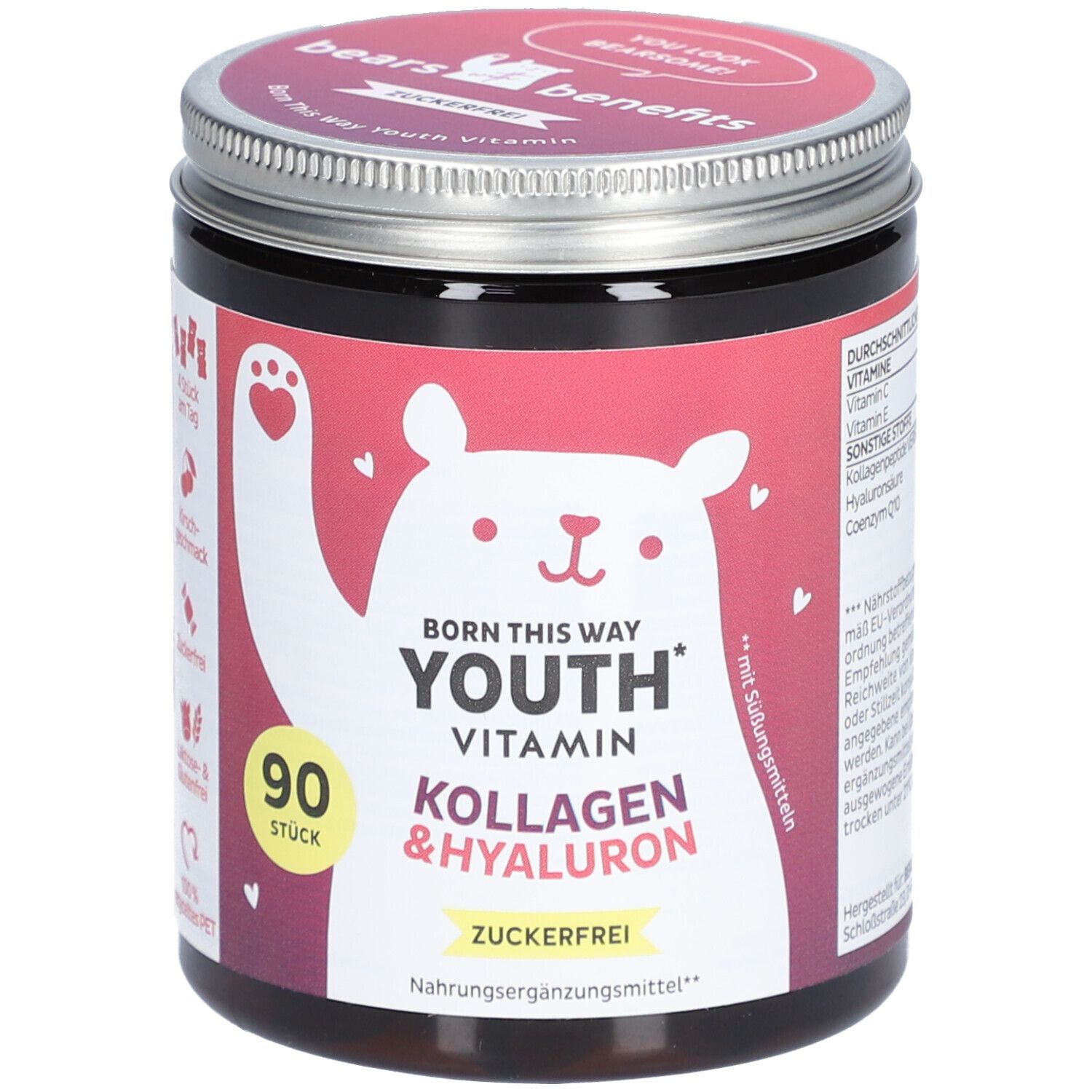 Dose mit "Born This Way"-Vitaminen. Aufschrift: Kollagen & Hyaluron, zuckerfrei, 90 Stück. Bär-Illustration.