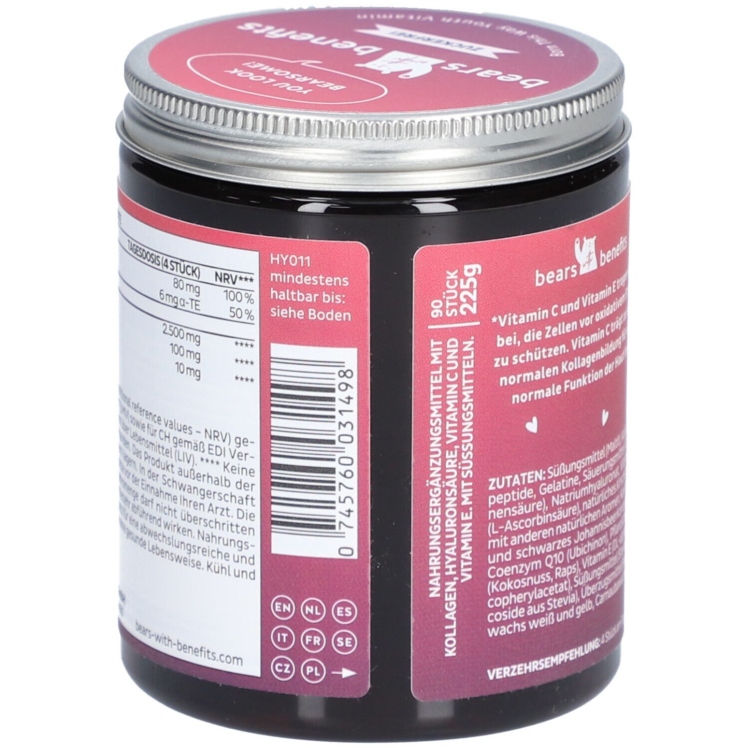 Dose mit "Born This Way"-Vitaminen. Nährwertangaben, Inhaltsstoffe, 90 Stück. Mehrsprachige Kennzeichnungen.