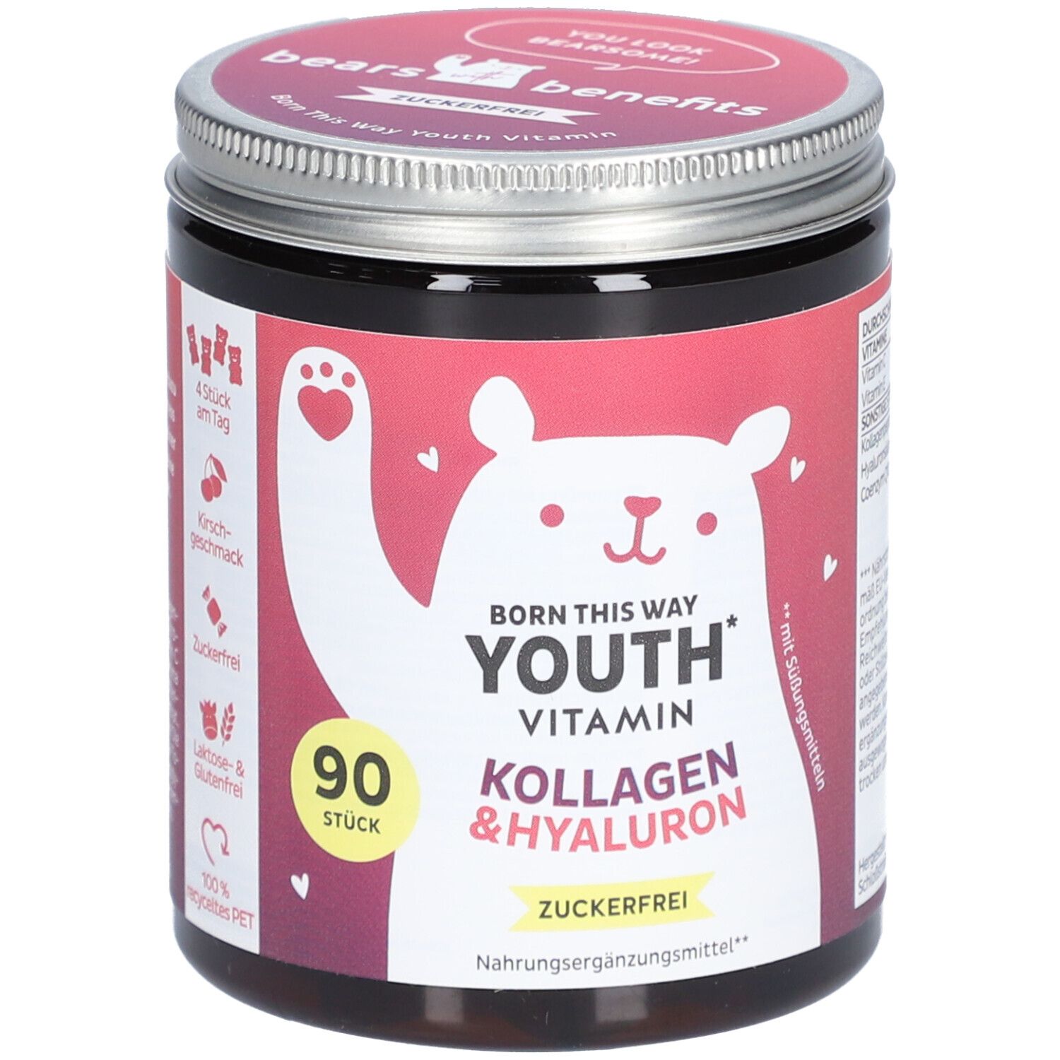 Dose mit "Born This Way"-Vitaminen. Aufschrift: Kollagen & Hyaluron, zuckerfrei, 90 Stück. Bär-Illustration.