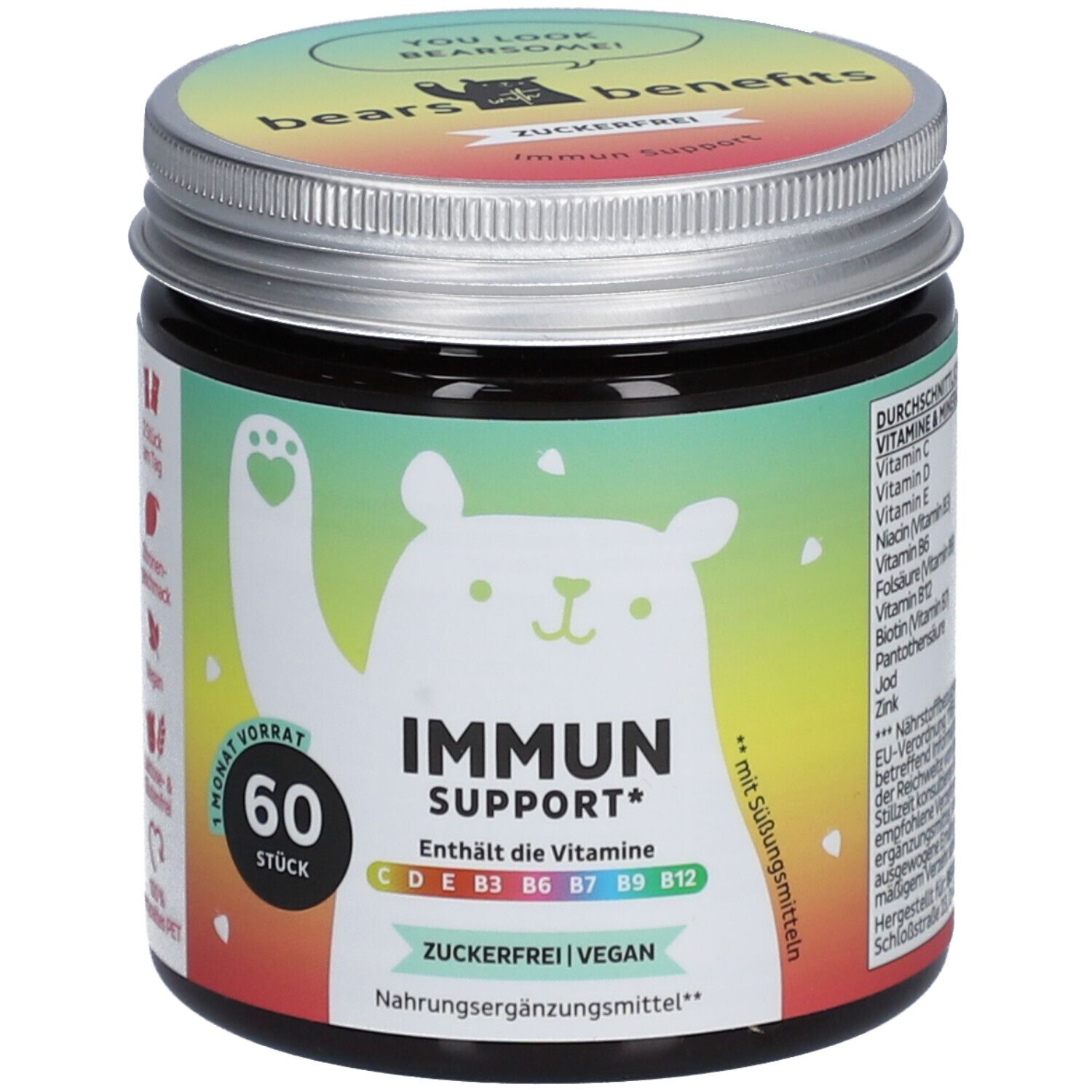 Dose mit "bears with benefits" und "IMMUN SUPPORT*". Enthält 60 Stück. Zuckerfrei, vegan. Bunte Etikett mit Bär.