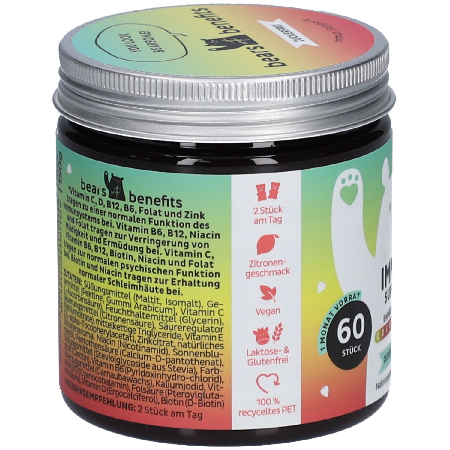 Rückseite der Dose. "bears with benefits". 60 Stück. 2 Stück pro Tag. Zitrone Geschmack. Vegan. Laktose- & glutenfrei. 100% recyceltes PET.
