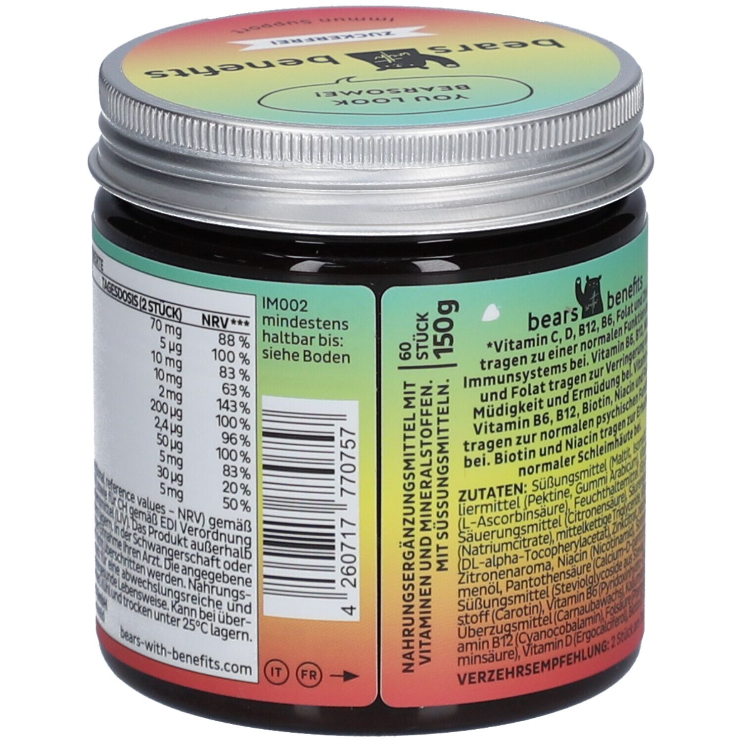 Dose "bears with benefits". 150g. Nährwertangaben. Zutatenliste. Mindestens haltbar bis: siehe Boden. Mit Mineralstoffen.