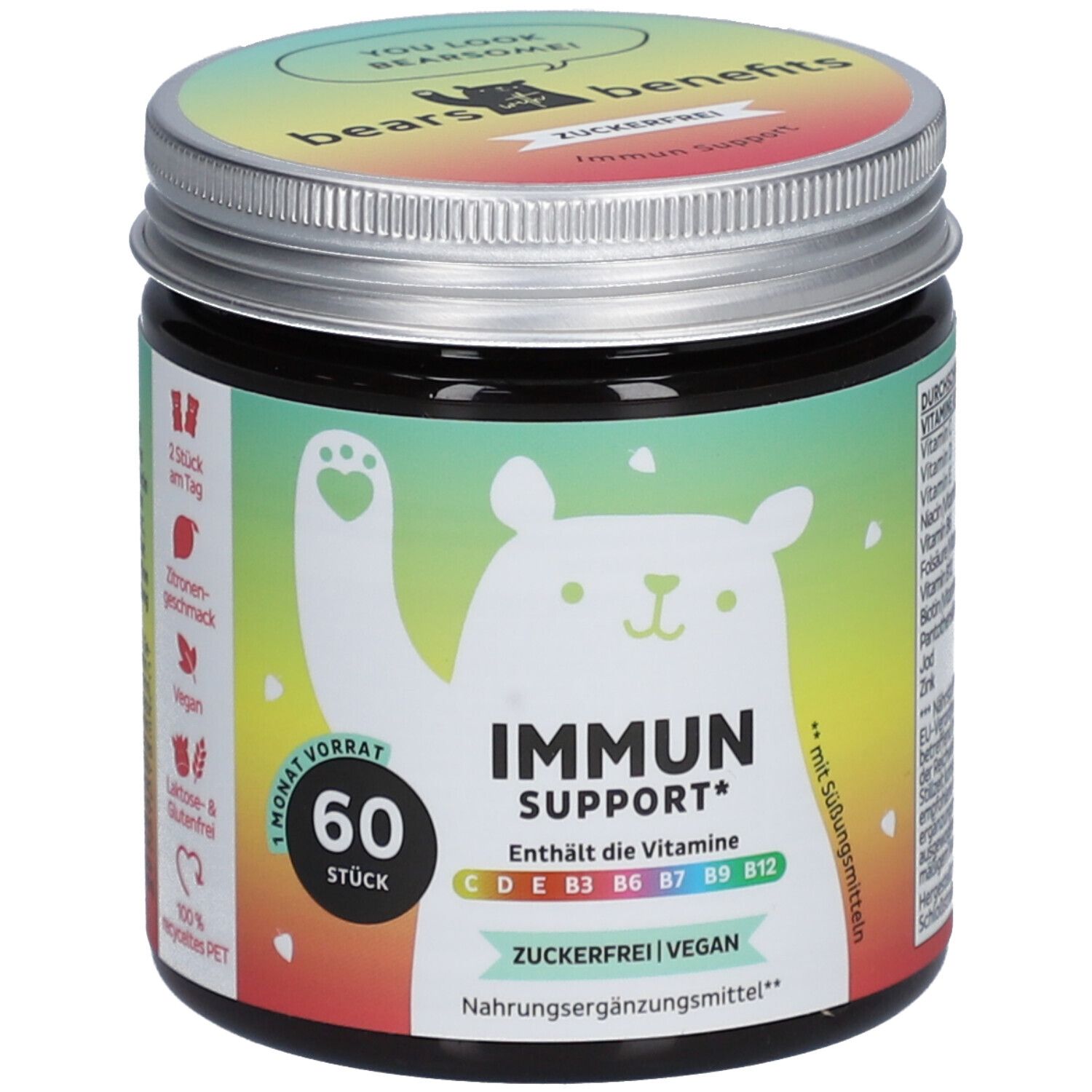 Dose "bears with benefits" und "IMMUN SUPPORT*". Enthält 60 Stück. Zuckerfrei, vegan. Bunte Etikett mit Bär. 2 Stück pro Tag.