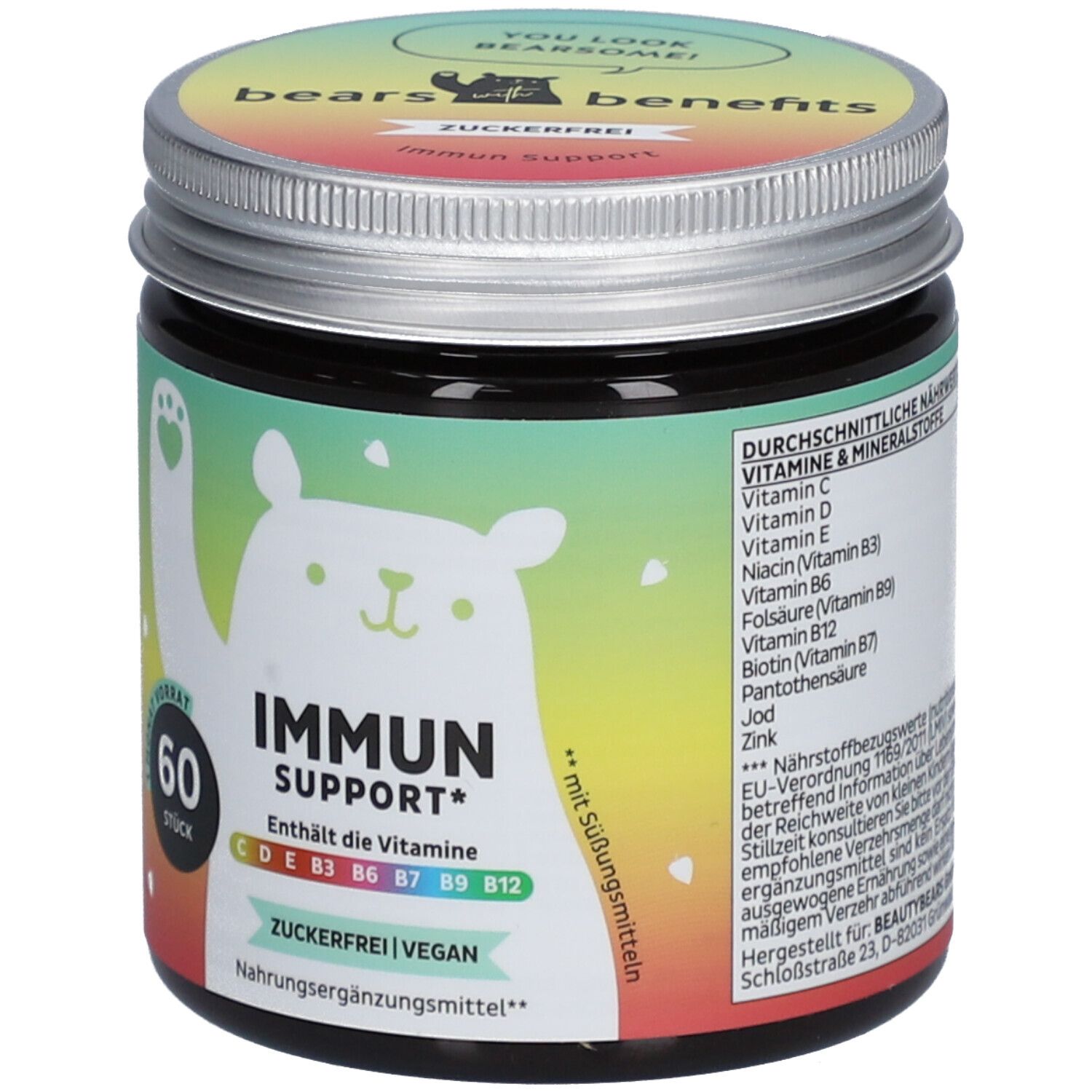 Dose "bears with benefits" und "IMMUN SUPPORT*". Enthält 60 Stück. Zuckerfrei, vegan. Bunte Etikett mit Bär. Vitamine & Mineralstoffe.