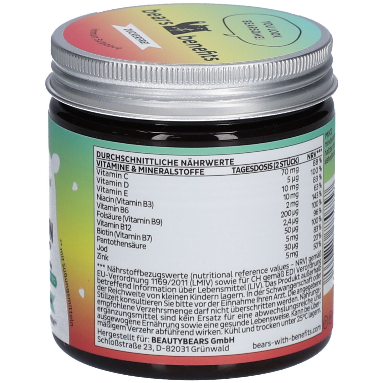 Rückseite der Dose. "bears with benefits". Nährwertangaben. Vitamine & Mineralstoffe. Tagesdosis: 2 Stück. Hergestellt von BEAUTYBEARS.
