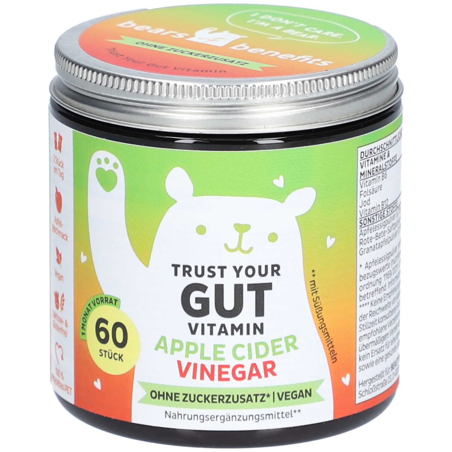 Dose mit Produkt. Aufschrift: Trust Your Gut Vitamin Apple Cider Vinegar. 60 Stück. Ohne Zuckerzusatz, vegan.